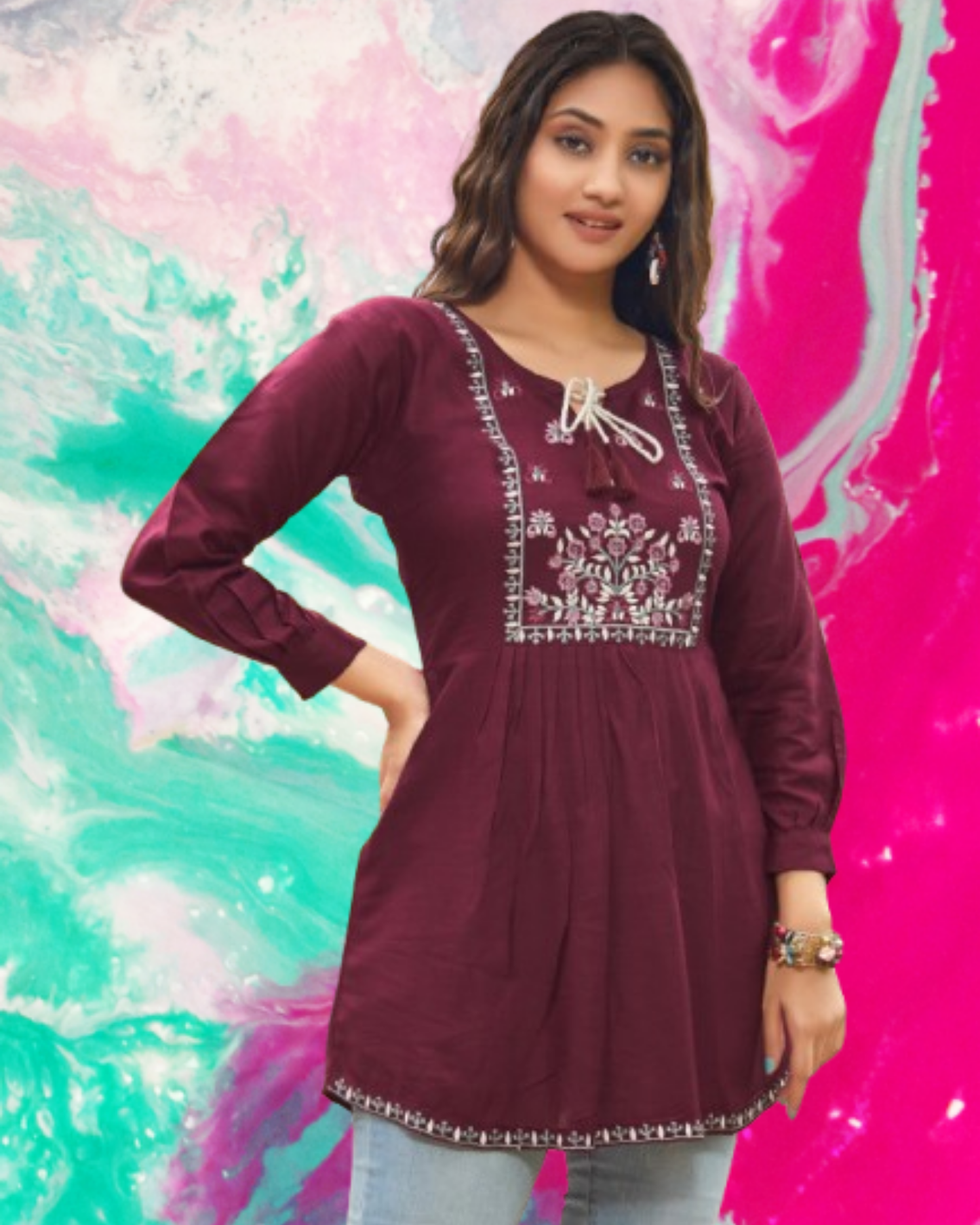 Wine Embroidered Rayon Top
