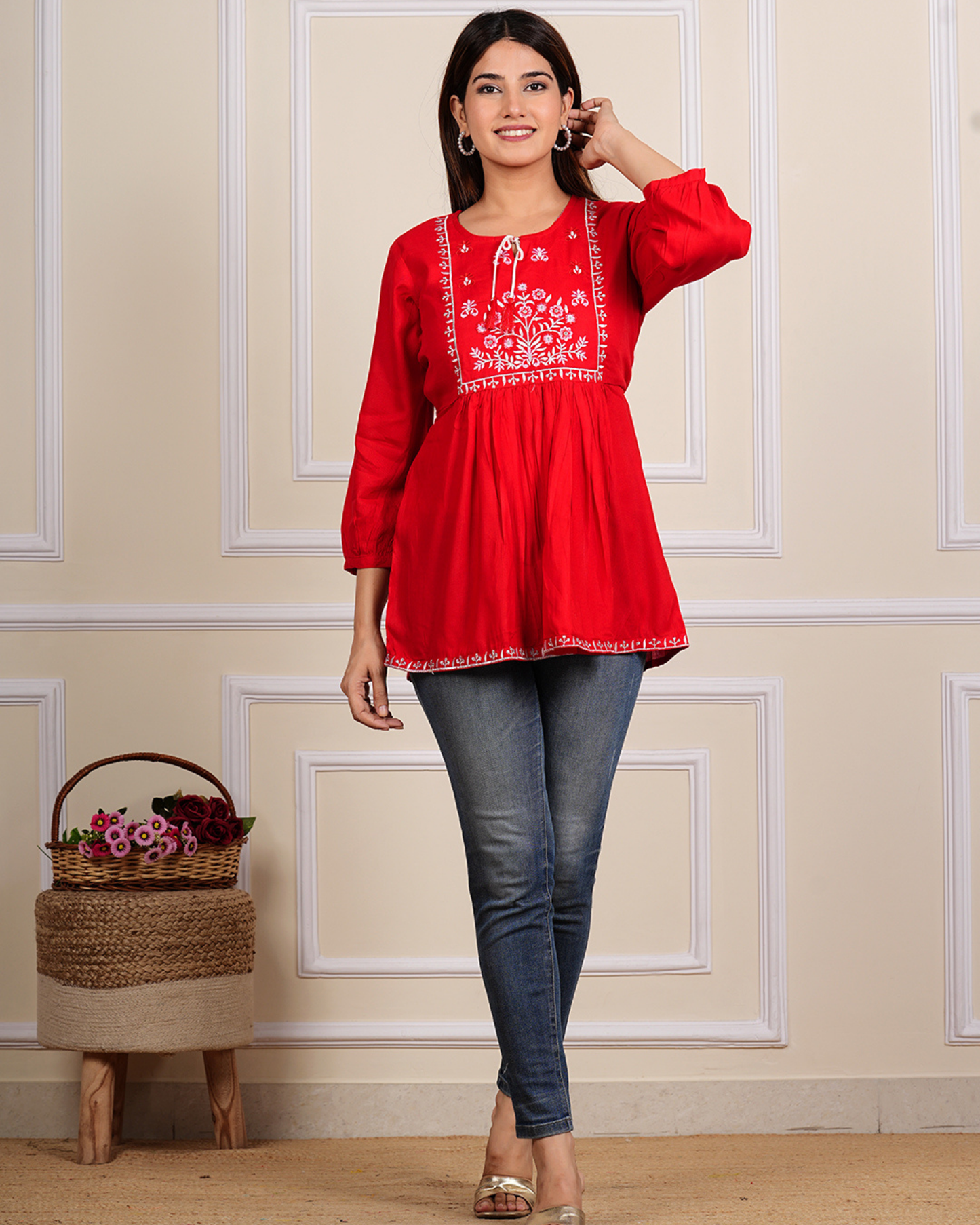 Trendy & Comfortable Red N Rayon Embroidery Top