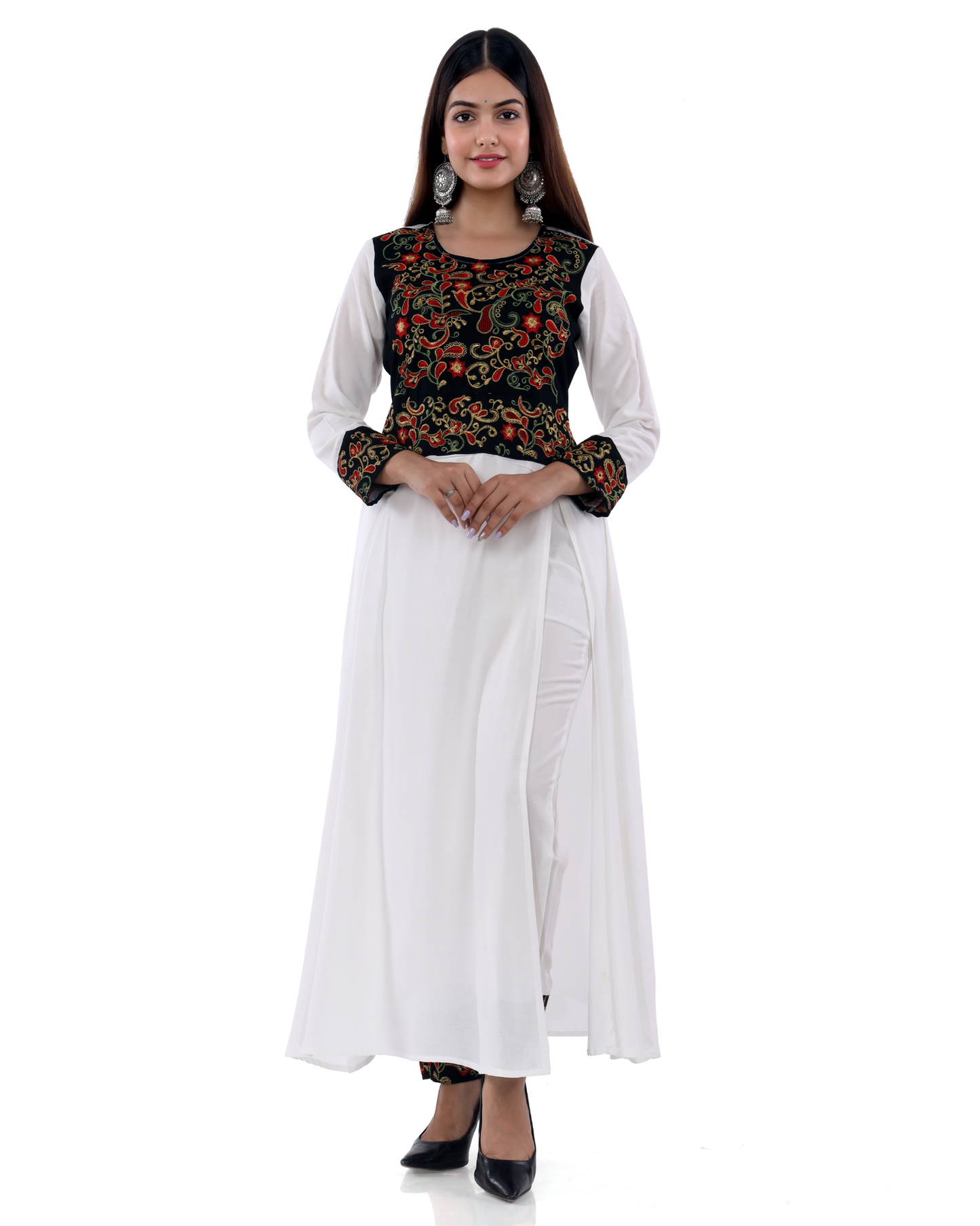 White Rayon Embroidered Side Cut Kurti with Pant Elegant Look
