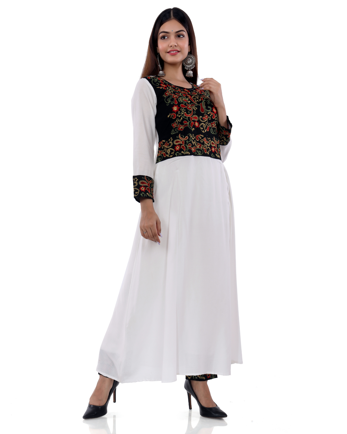 White Rayon Embroidered Side Cut Kurti with Pant Elegant Look