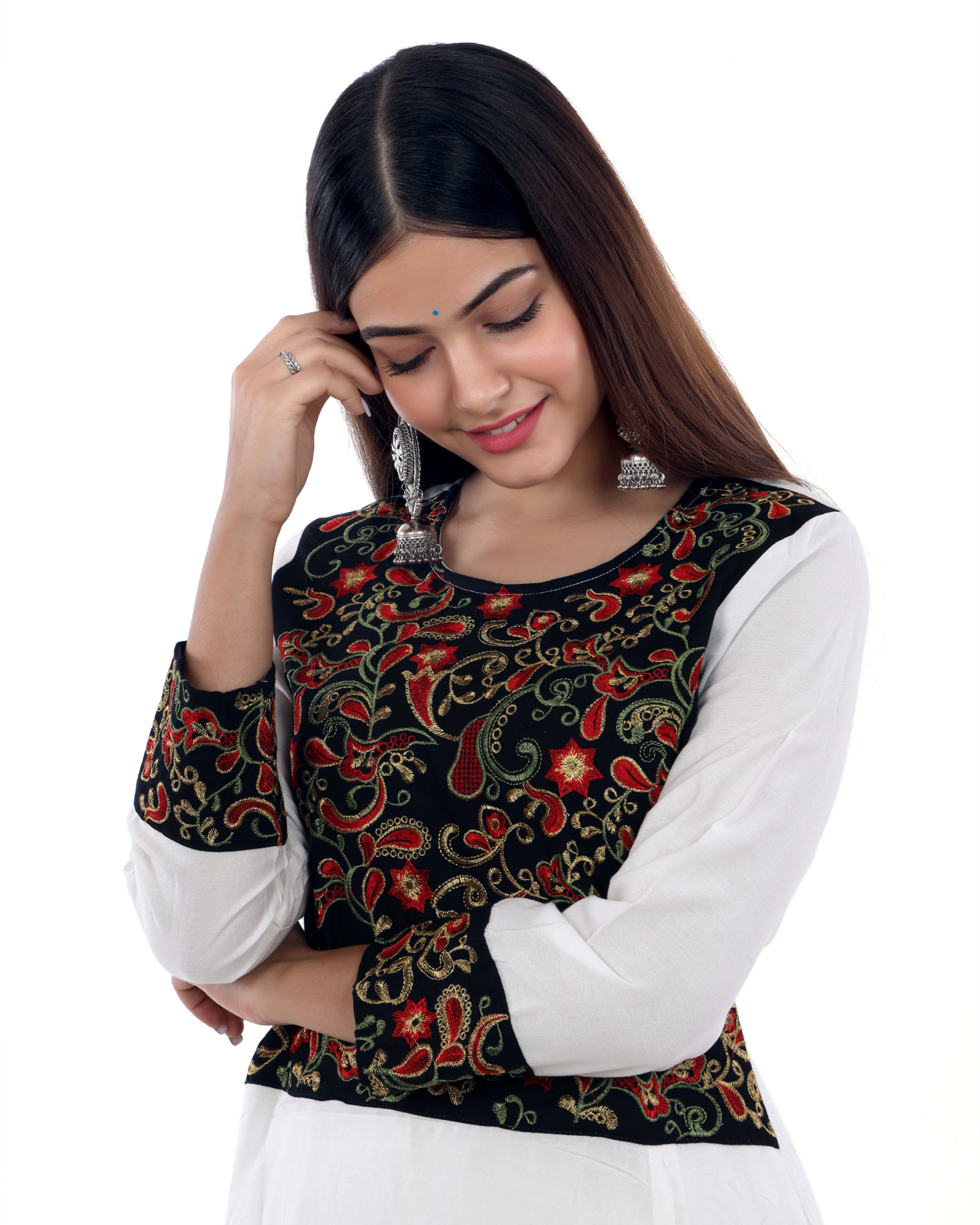 White Rayon Embroidered Side Cut Kurti with Pant Elegant Look