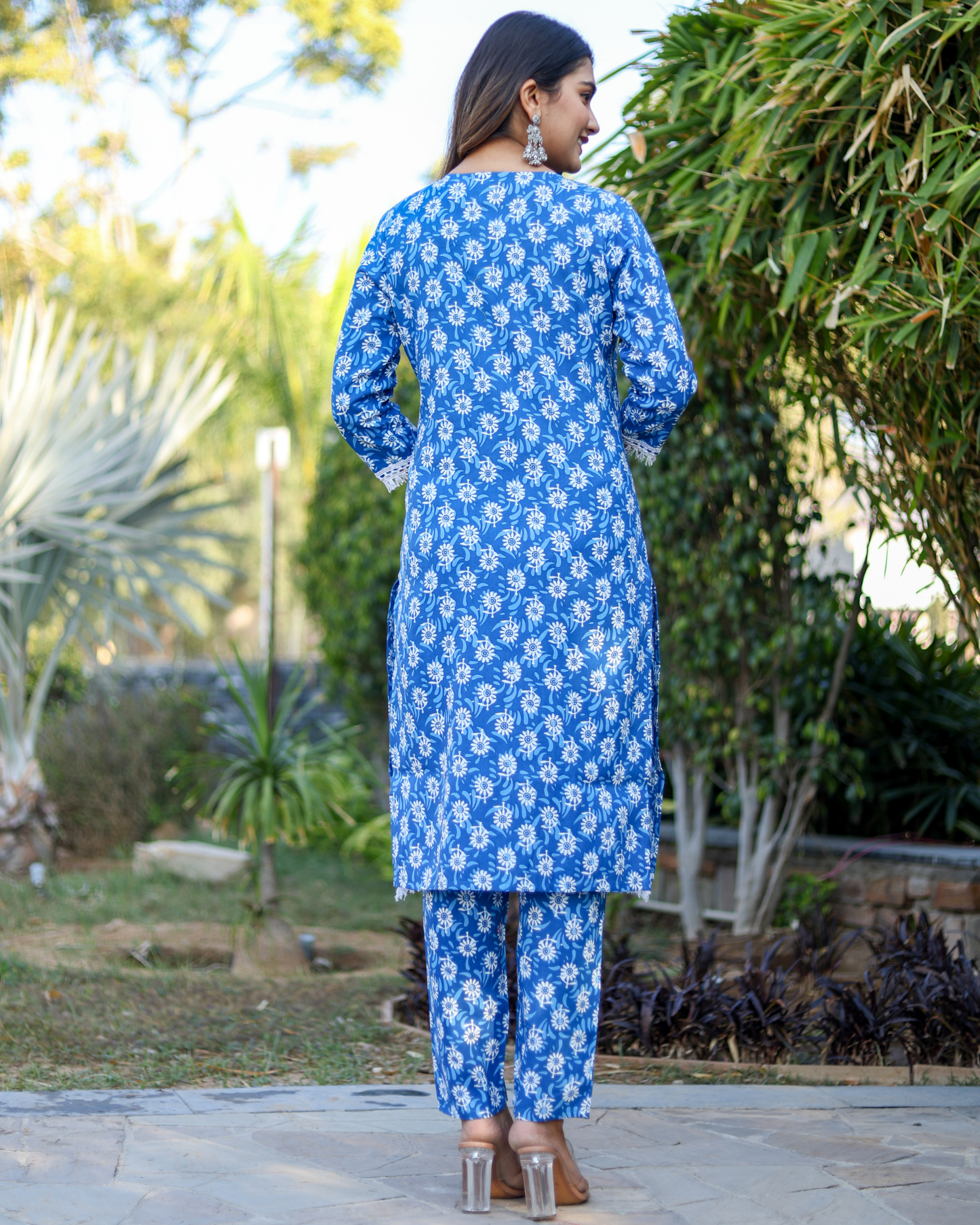 Blue Flower Cotton Embroidered Kurti Set with Pant