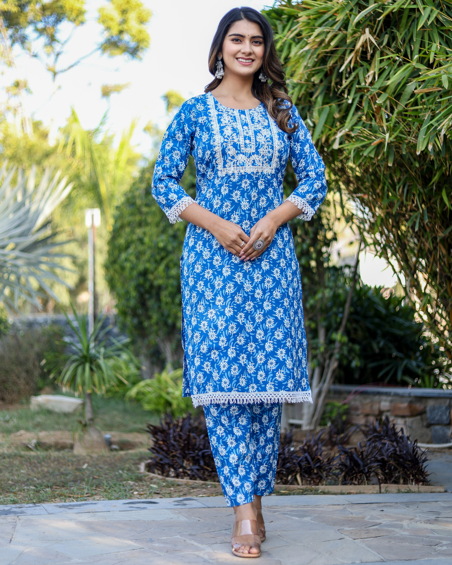 Blue Flower Cotton Embroidered Kurti Set with Pant
