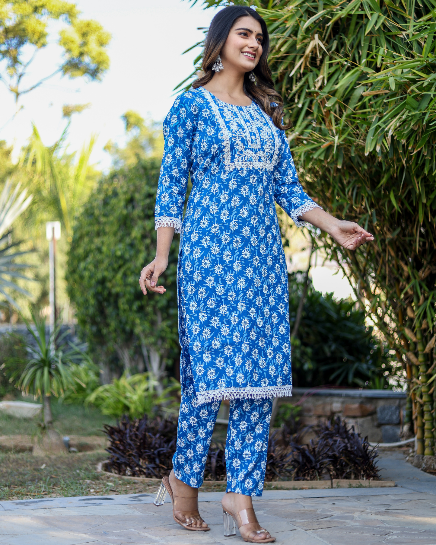 Blue Flower Cotton Embroidered Kurti Set with Pant