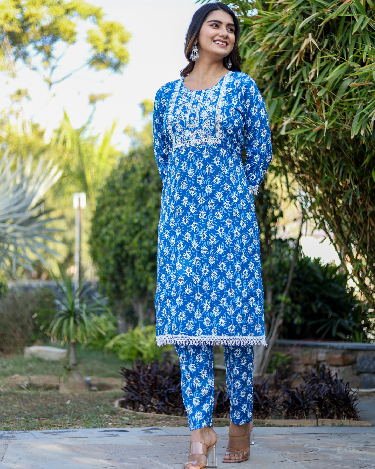 Blue Flower Cotton Embroidered Kurti Set with Pant