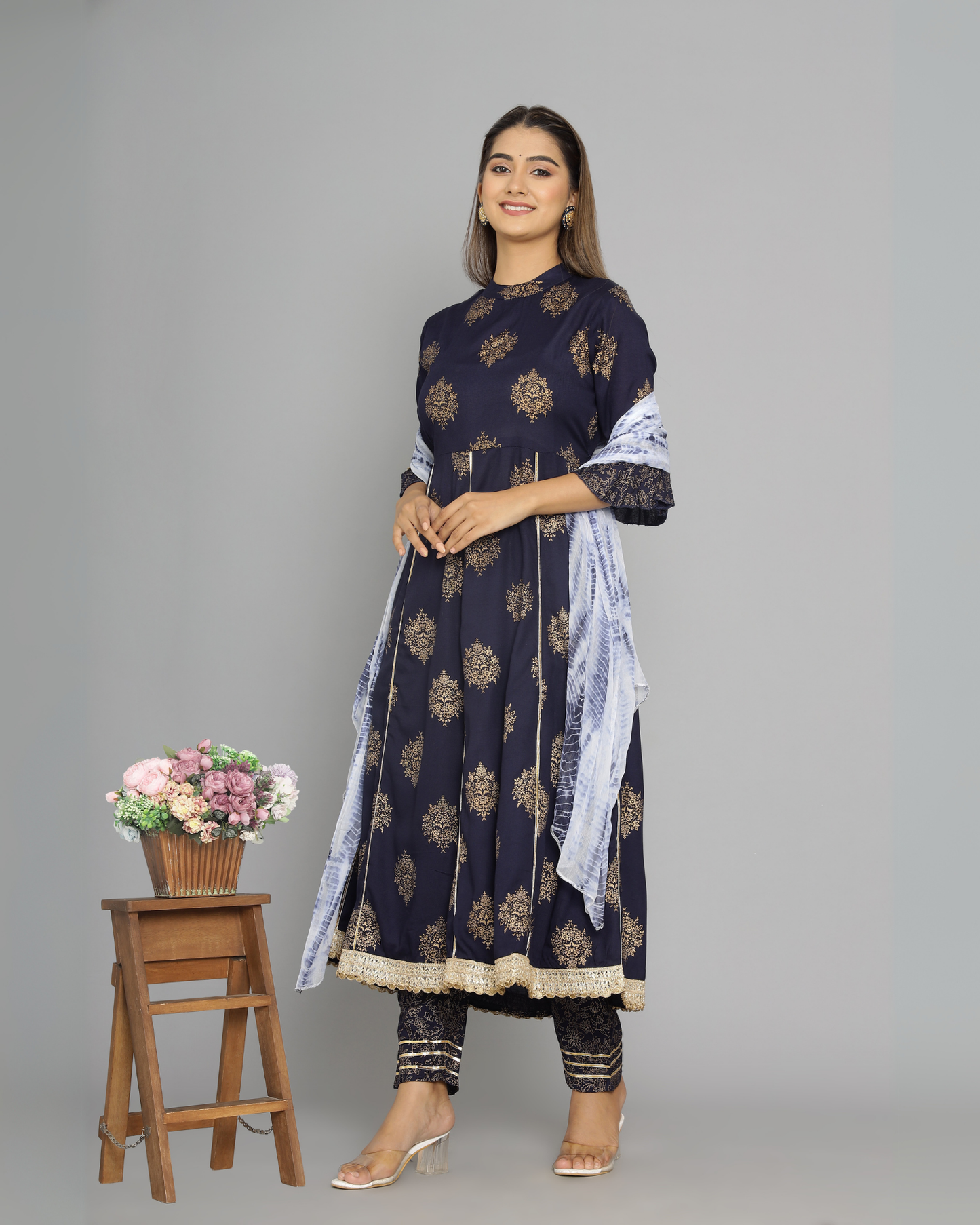 Blue Butta Jaal Kurti Set with Dupatta