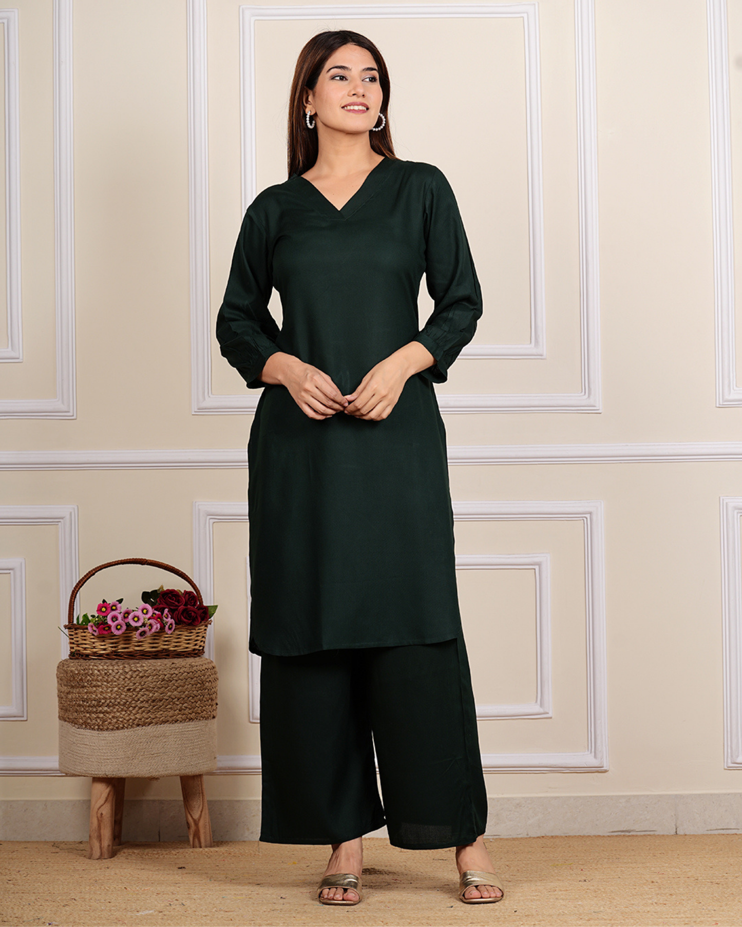 Classic & Comfortable Black Solid Rayon Kurti with Plazo Set