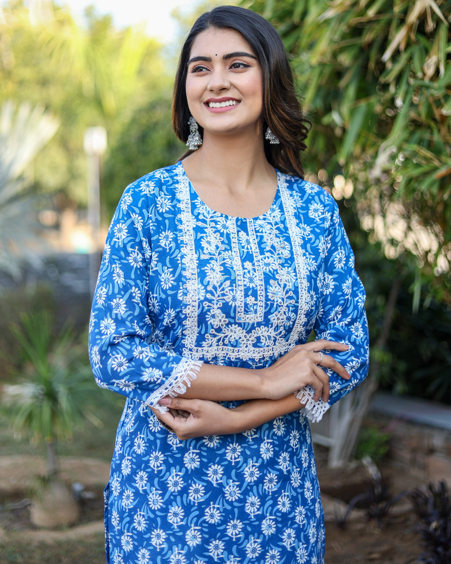 Blue Flower Cotton Embroidered Kurti Set with Pant