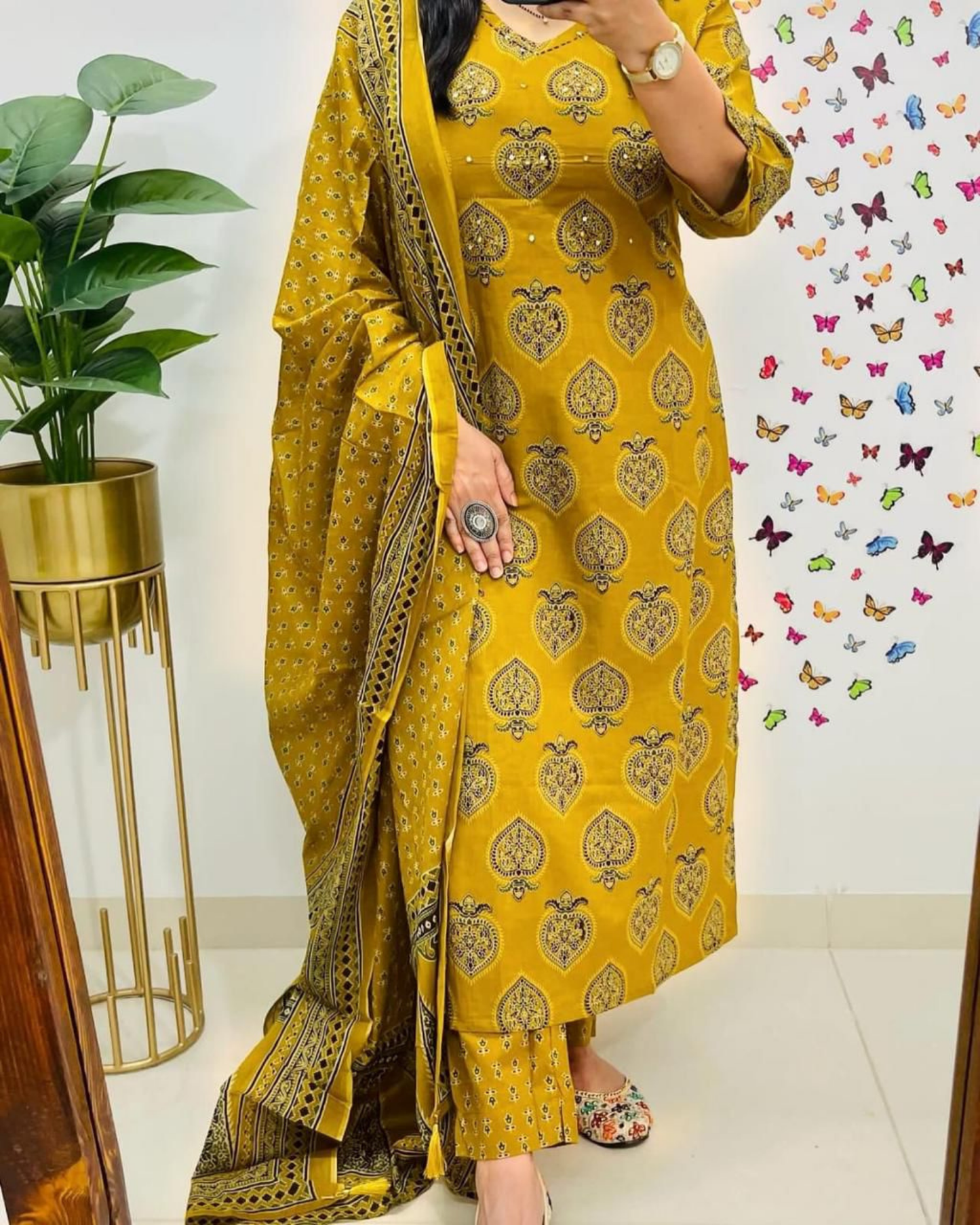 Shree Mustard Pan Cotton Suit Set with Sequin Work and Dupatta