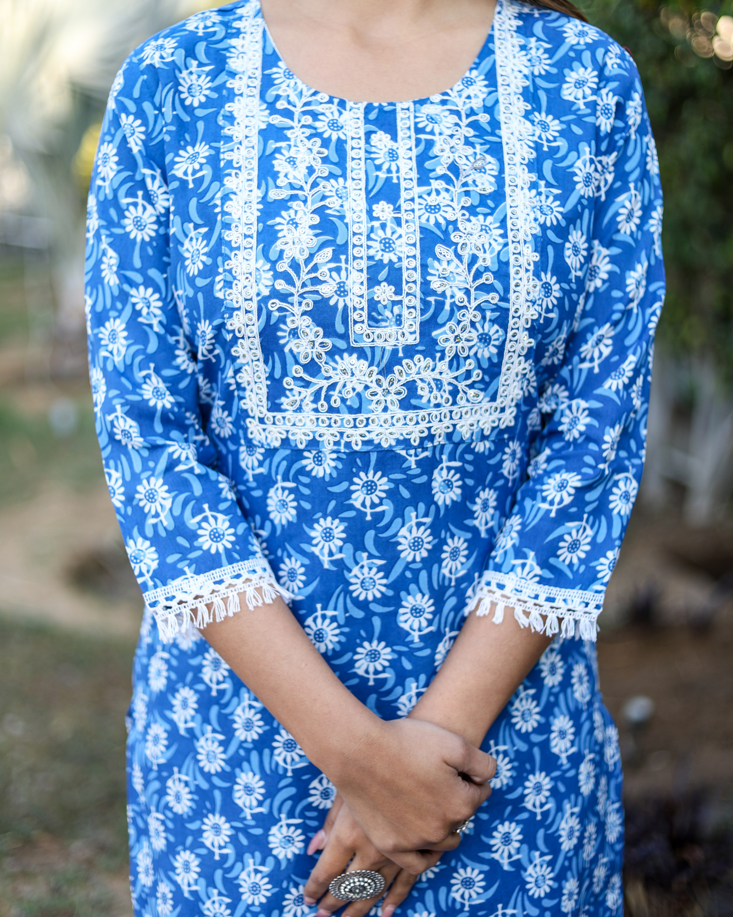 Blue Flower Cotton Embroidered Kurti Set with Pant