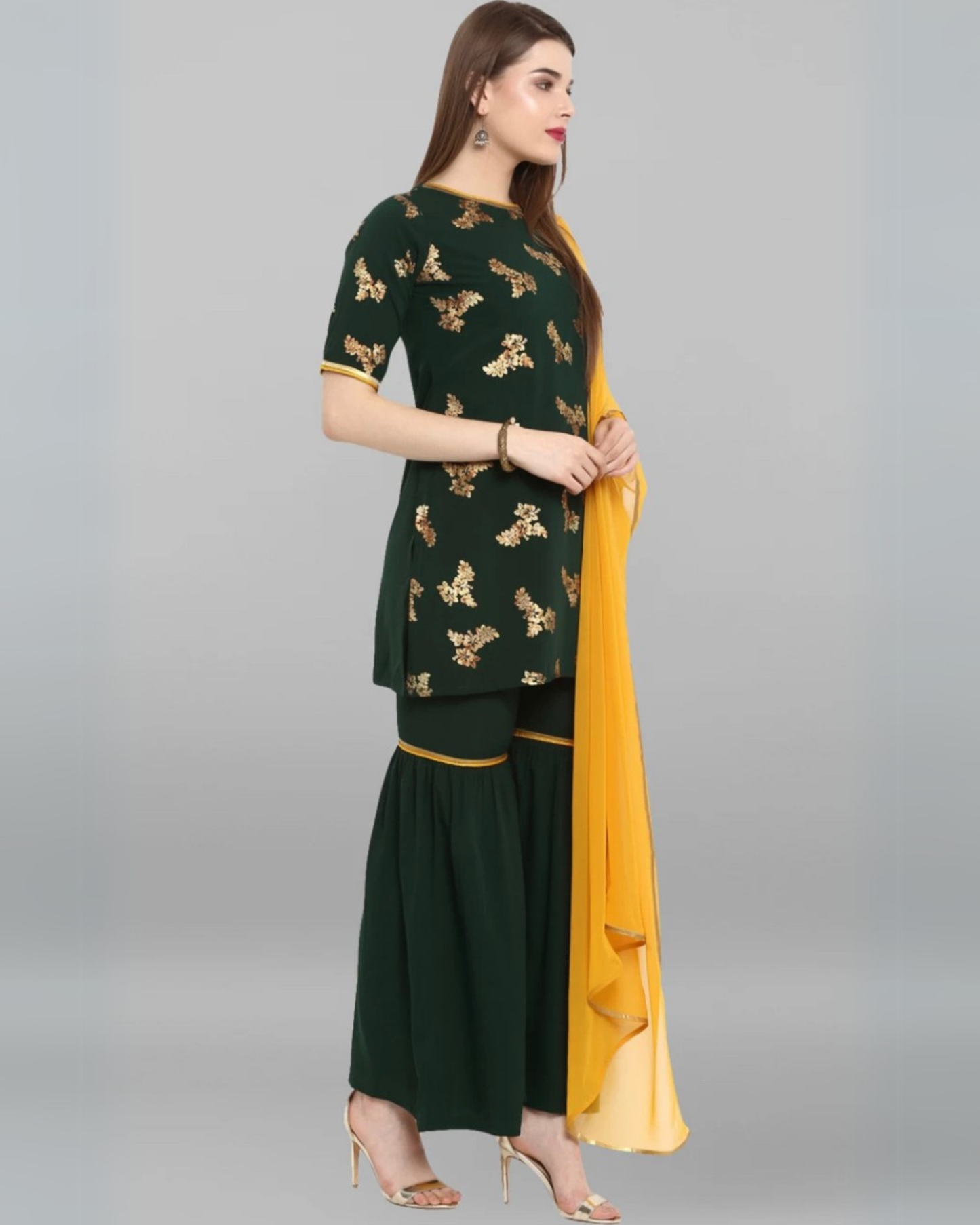 Bottle Green Rayon Printed Kurti with Sharara and Dupatta Set