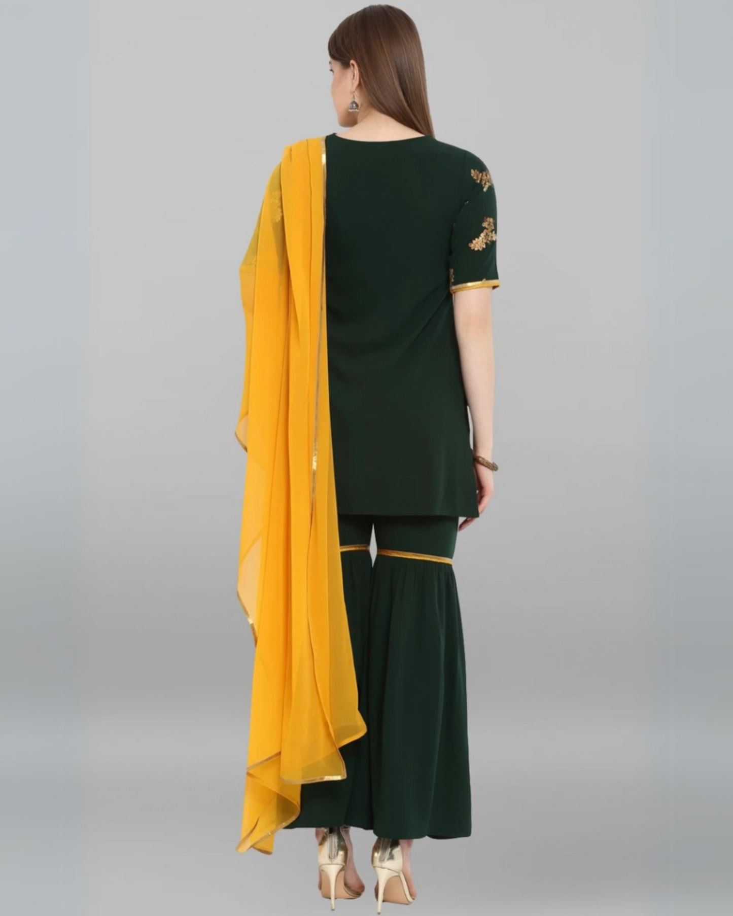 Bottle Green Rayon Printed Kurti with Sharara and Dupatta Set