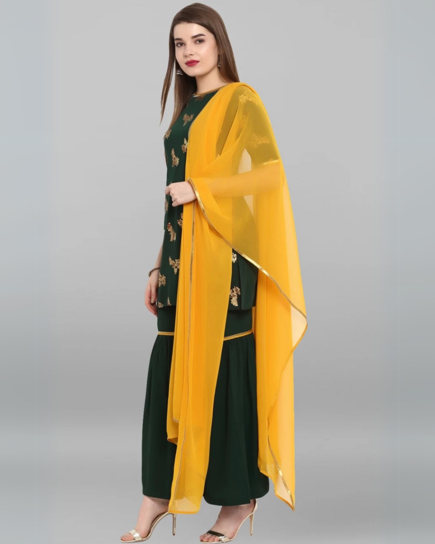 Bottle Green Rayon Printed Kurti with Sharara and Dupatta Set