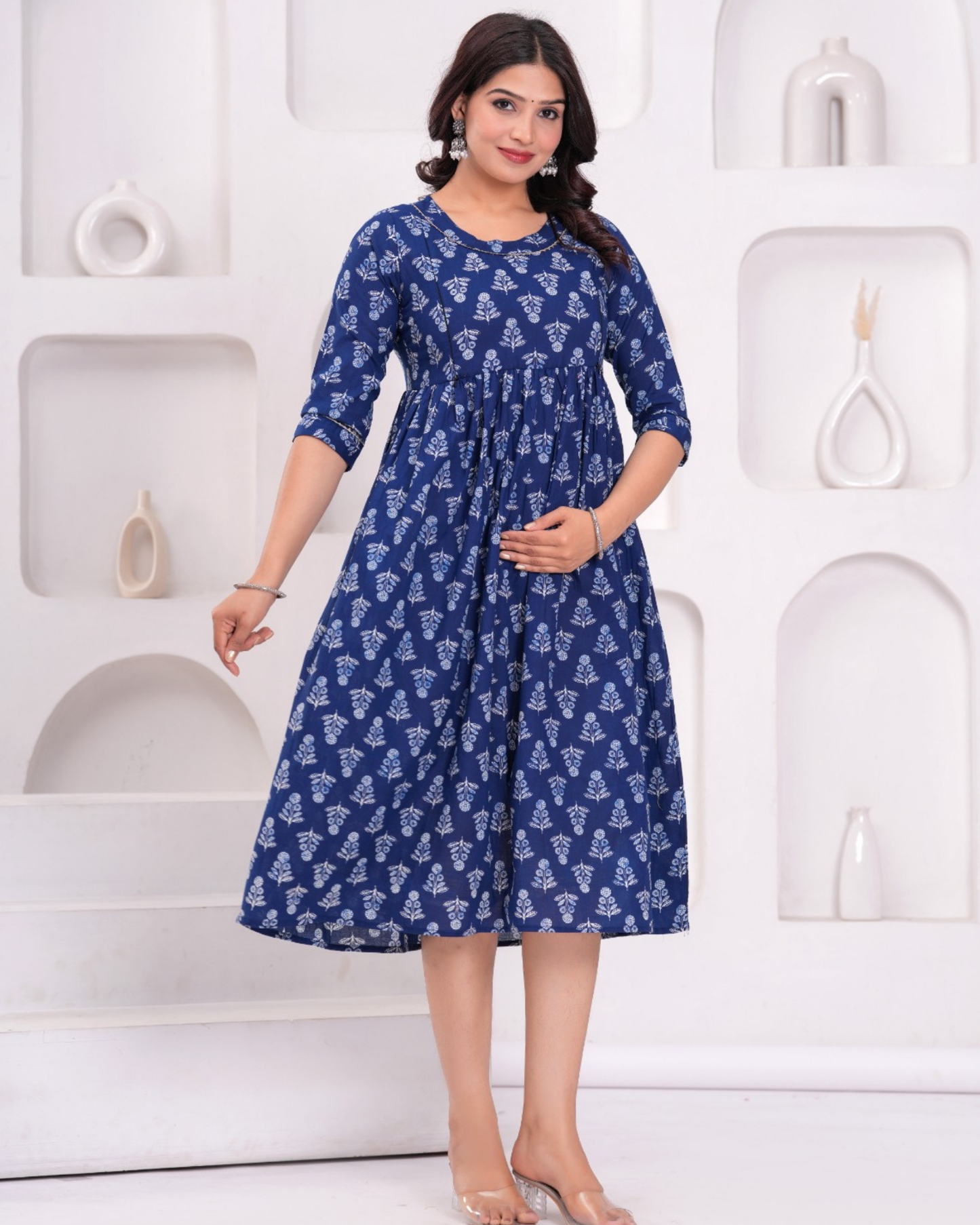 Comfortable Blue Flower Maternity Gown with Hidden Feeding Zip
