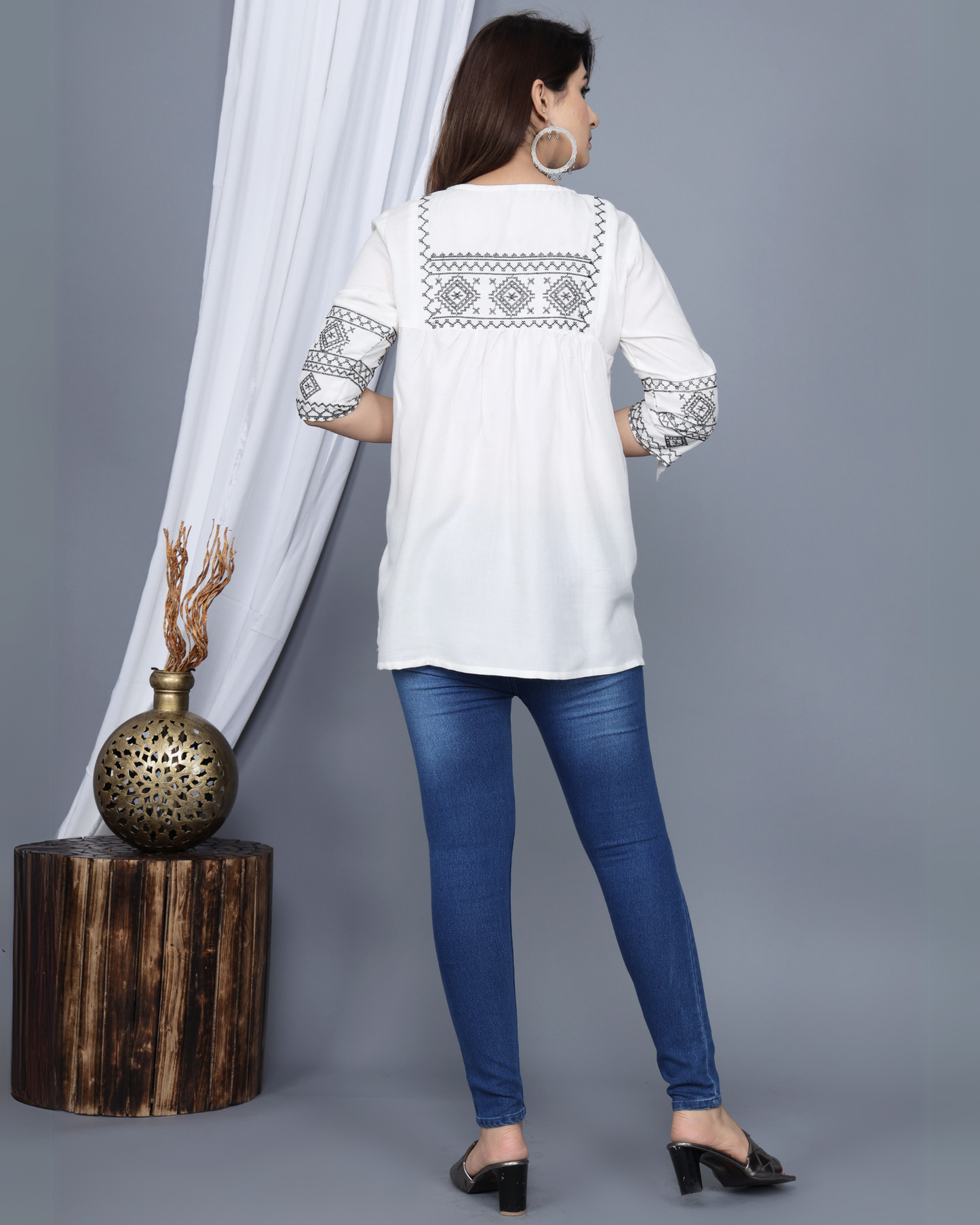 White Embroidered Rayon Top