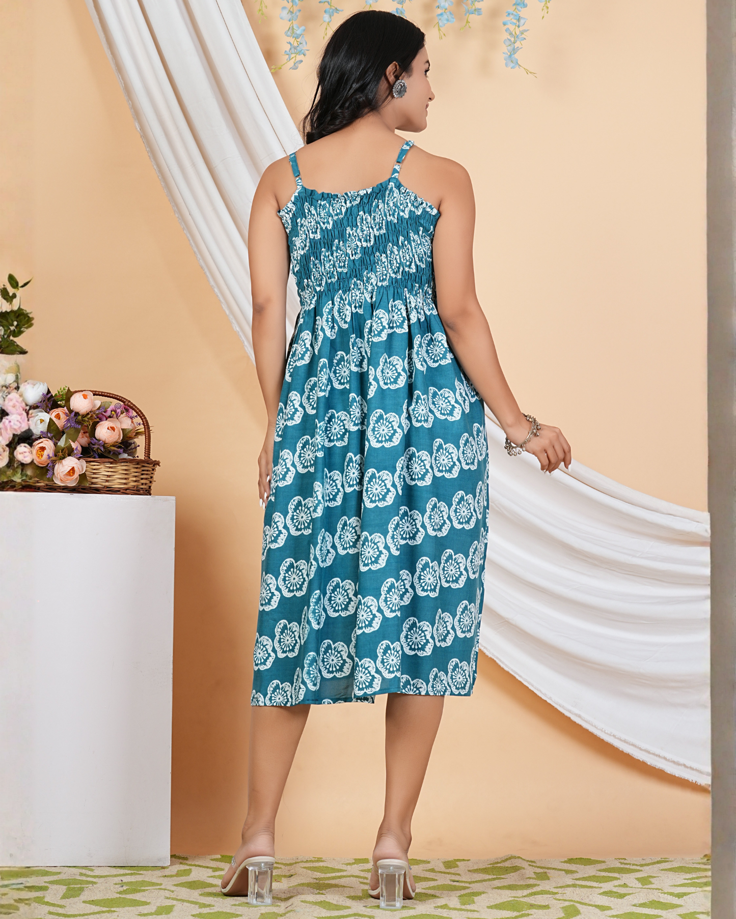 Stylish Rama Flower Bobin A-Line Kurti for a Graceful Look