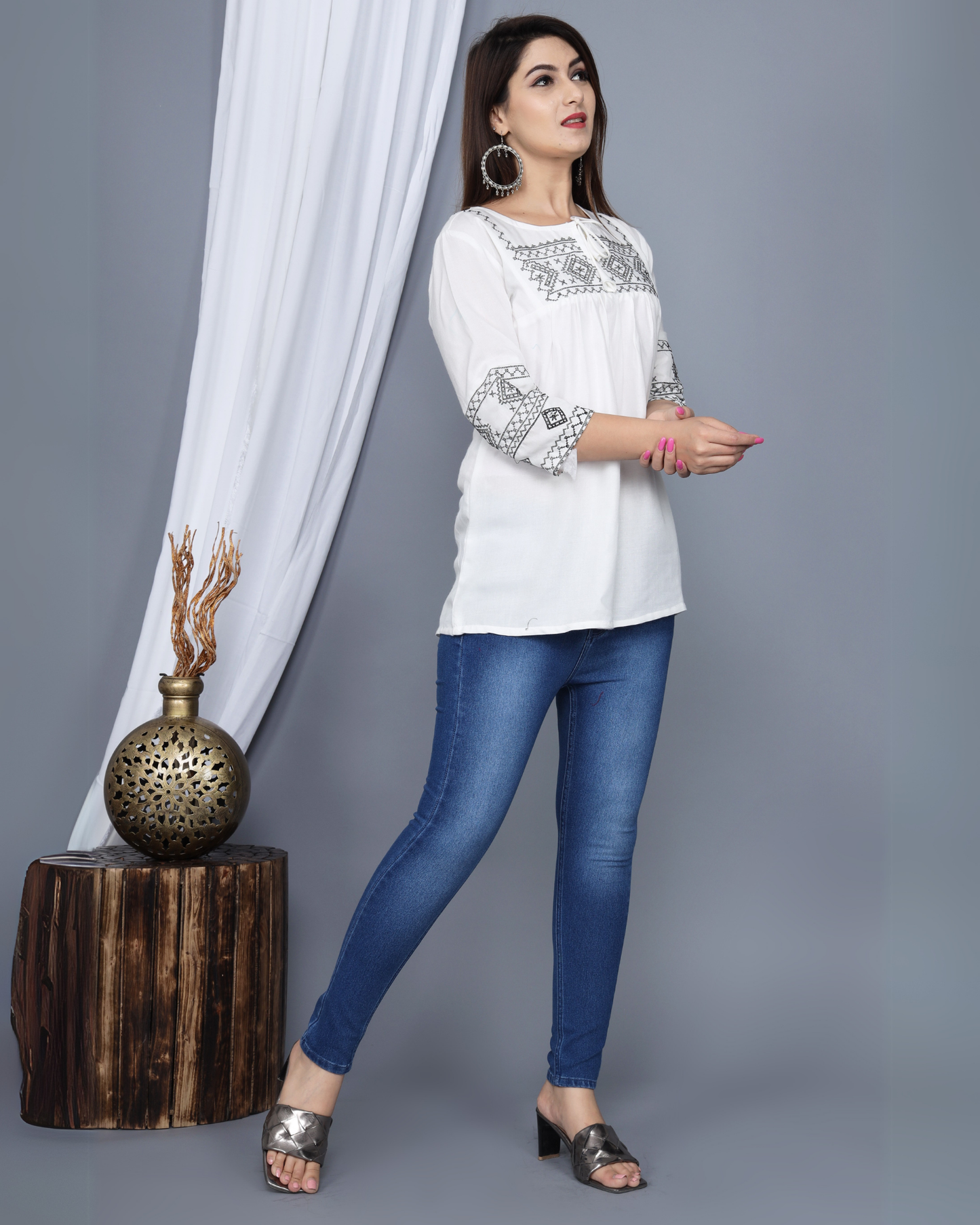 White Embroidered Rayon Top