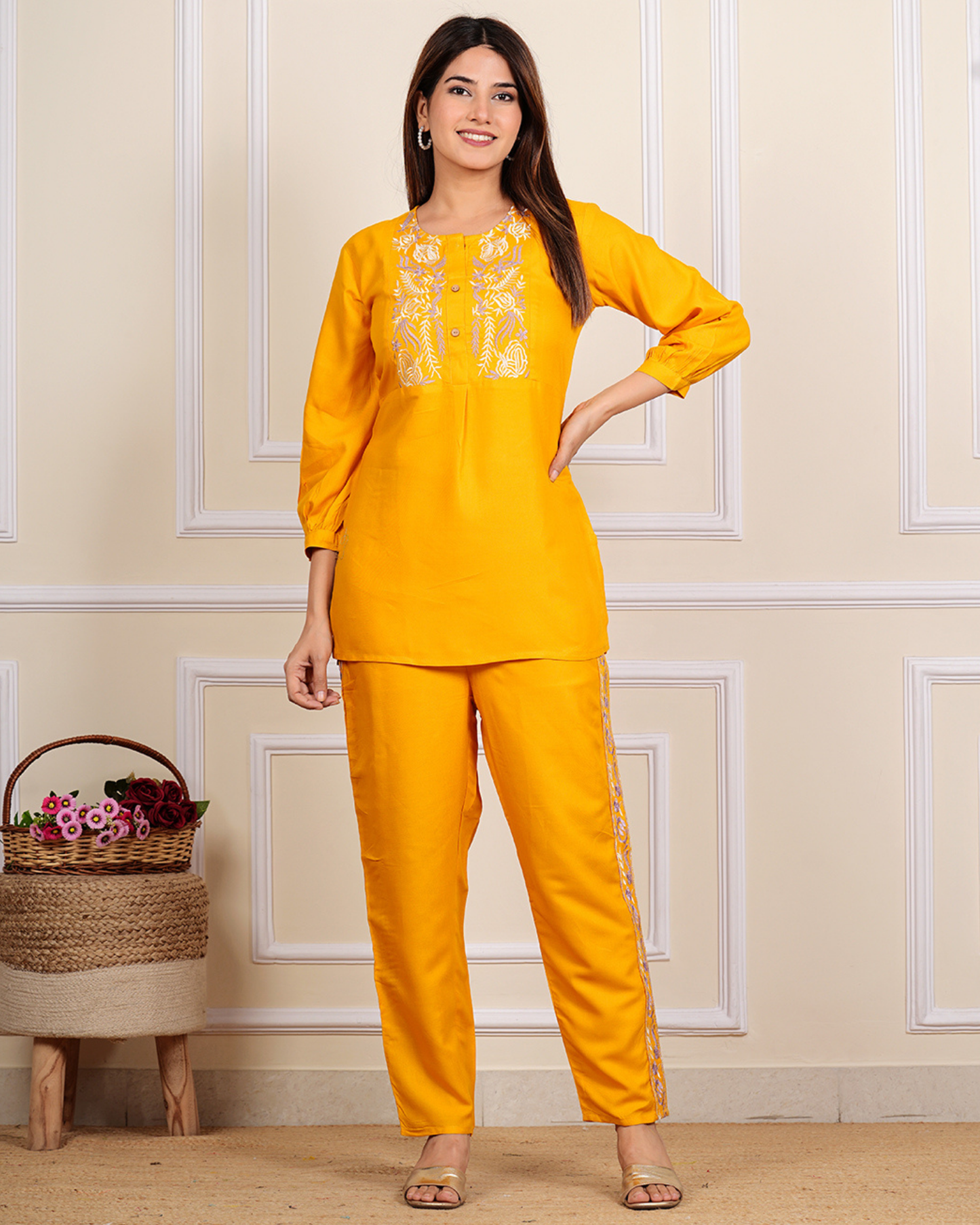 Mustard Solid Rayon Embroidered Co-Ord Set