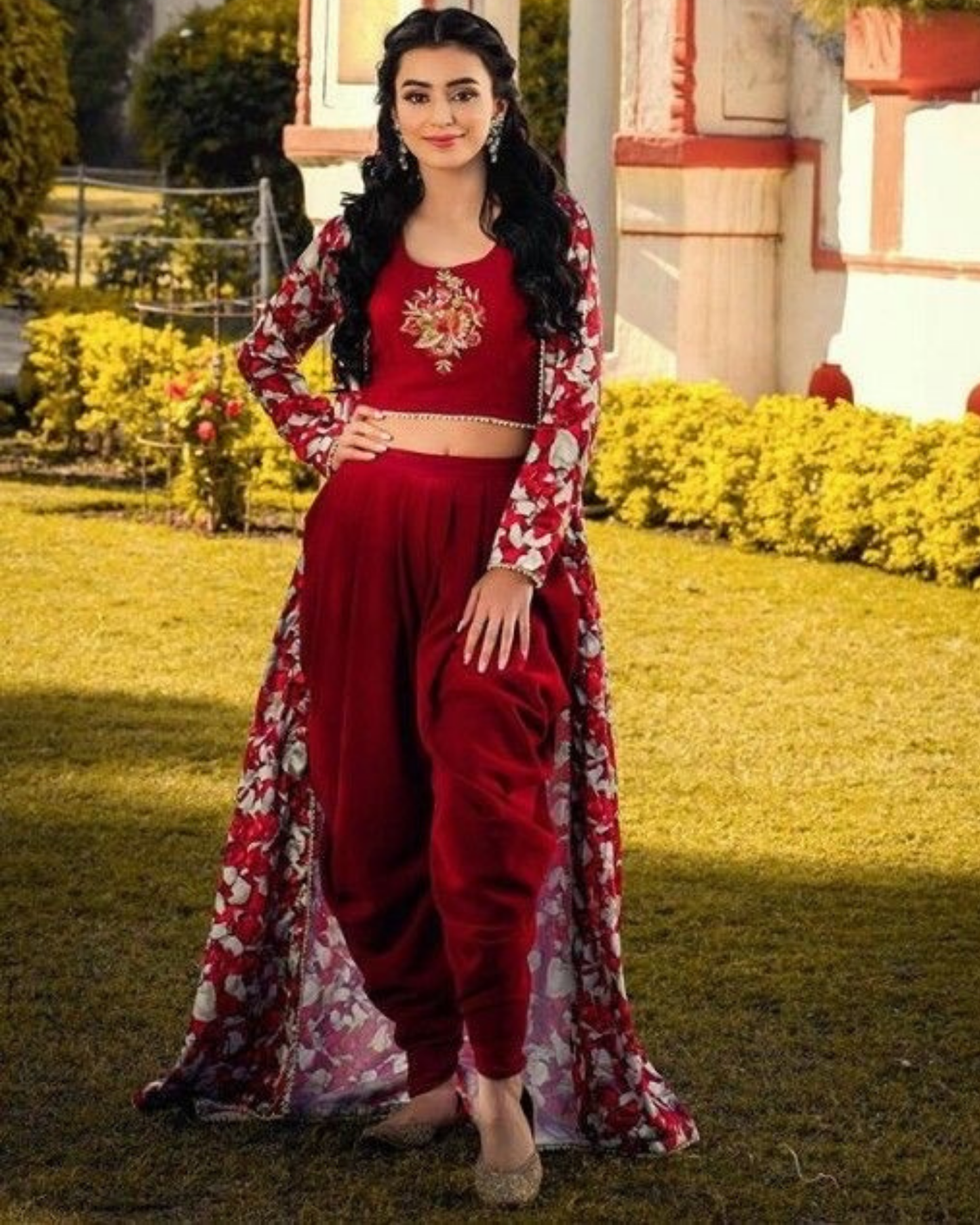 Rayon Printed Shrug with Embroidered Choli and Dhoti Set