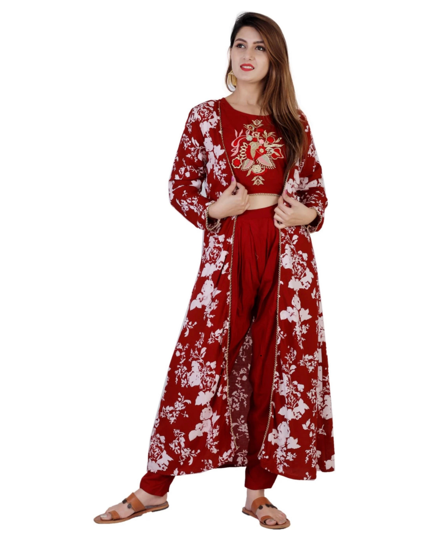 Rayon Printed Shrug with Embroidered Choli and Dhoti Set