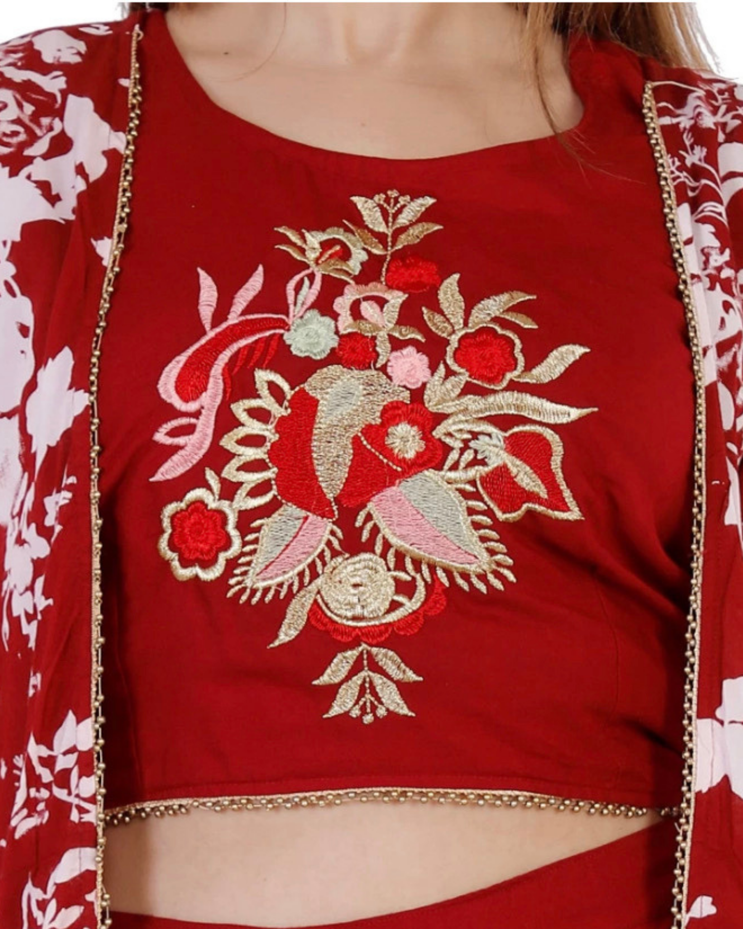 Rayon Printed Shrug with Embroidered Choli and Dhoti Set