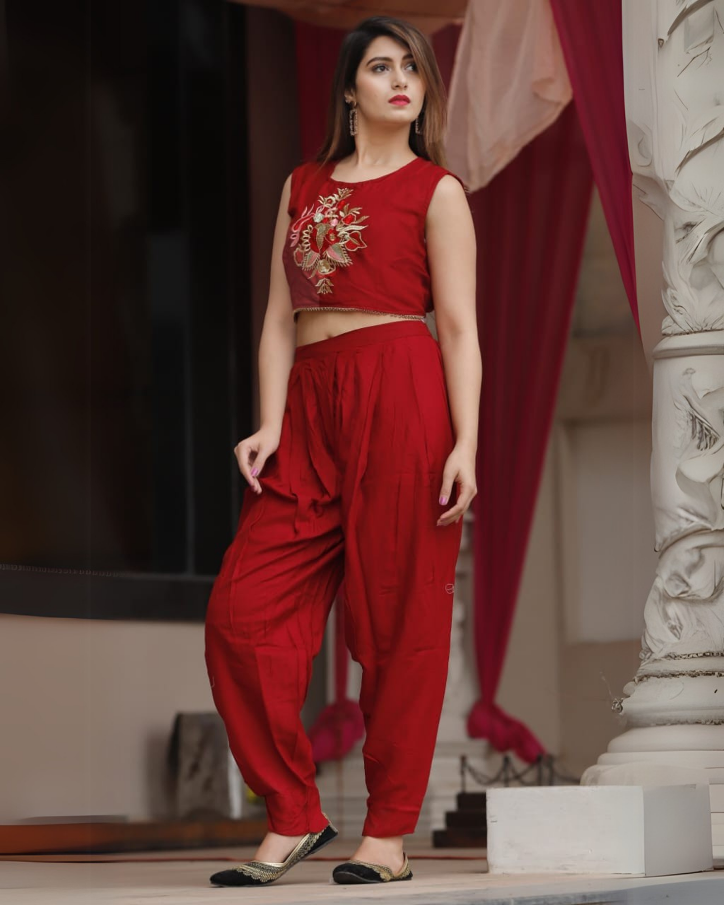 Rayon Printed Shrug with Embroidered Choli and Dhoti Set