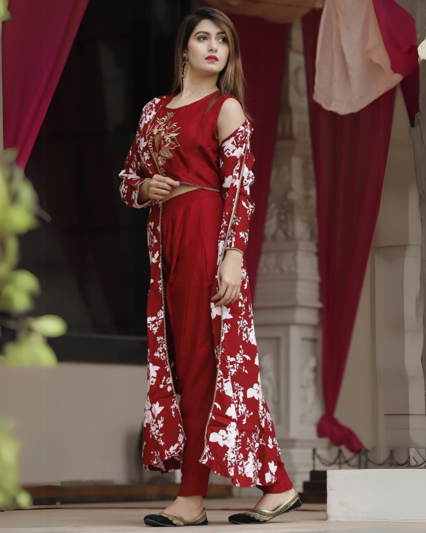 Rayon Printed Shrug with Embroidered Choli and Dhoti Set