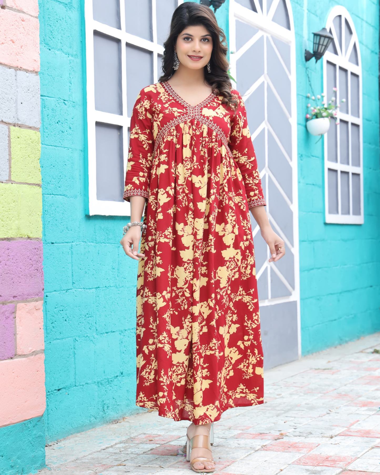 Maroon Dhoti Gown – Rayon Printed Full-Length Gown