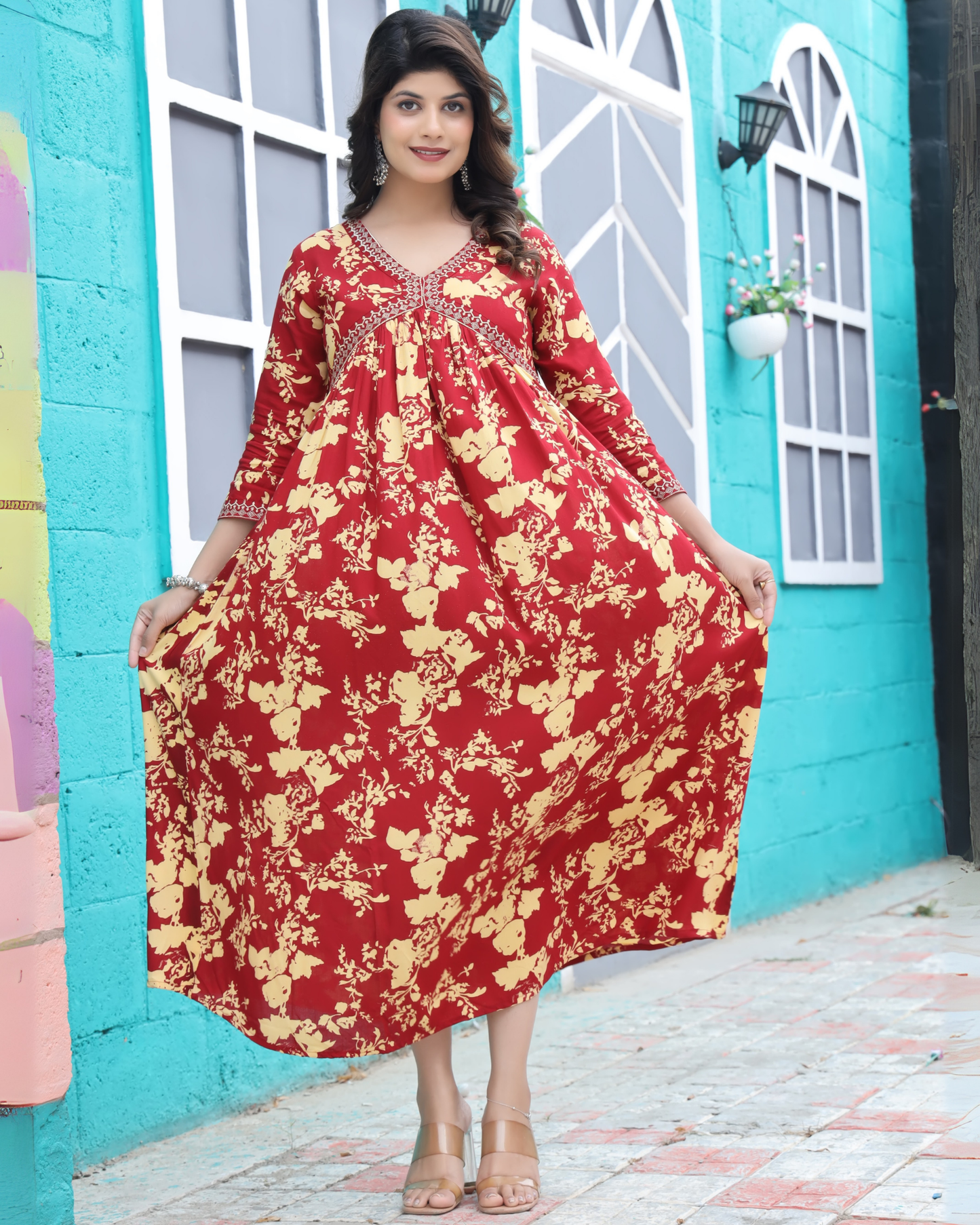 Maroon Dhoti Gown – Rayon Printed Full-Length Gown