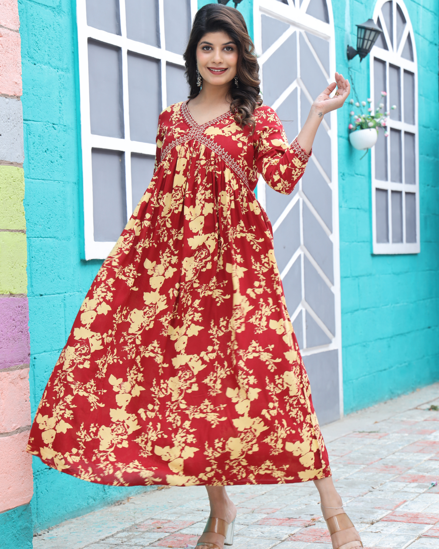 Maroon Dhoti Gown – Rayon Printed Full-Length Gown
