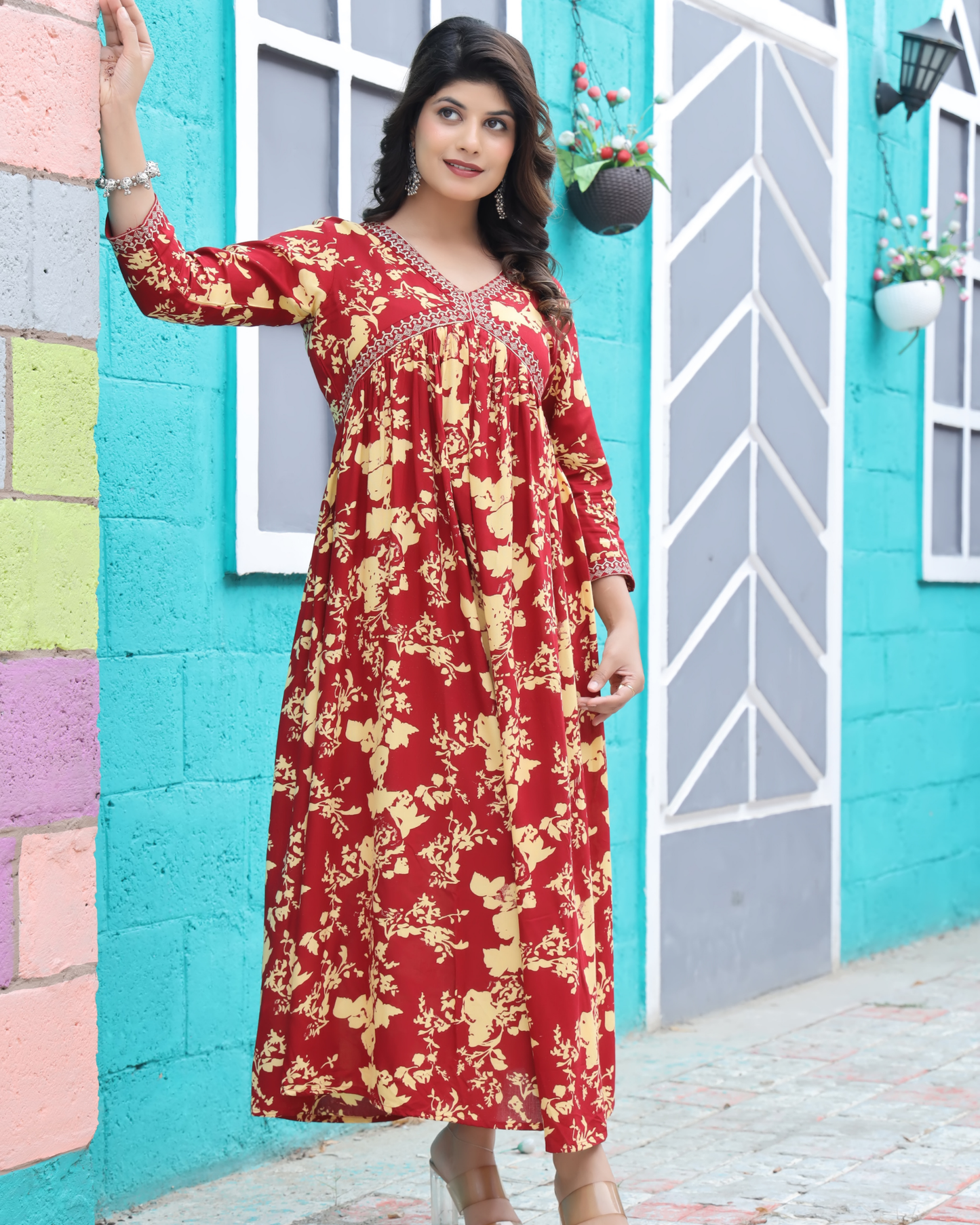 Maroon Dhoti Gown – Rayon Printed Full-Length Gown