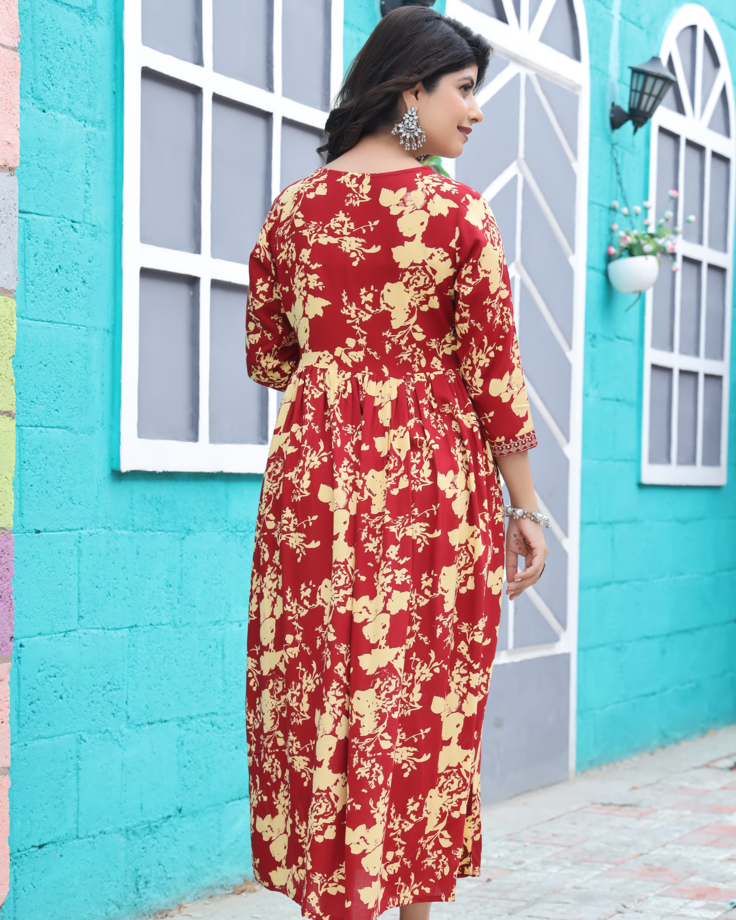 Maroon Dhoti Gown – Rayon Printed Full-Length Gown