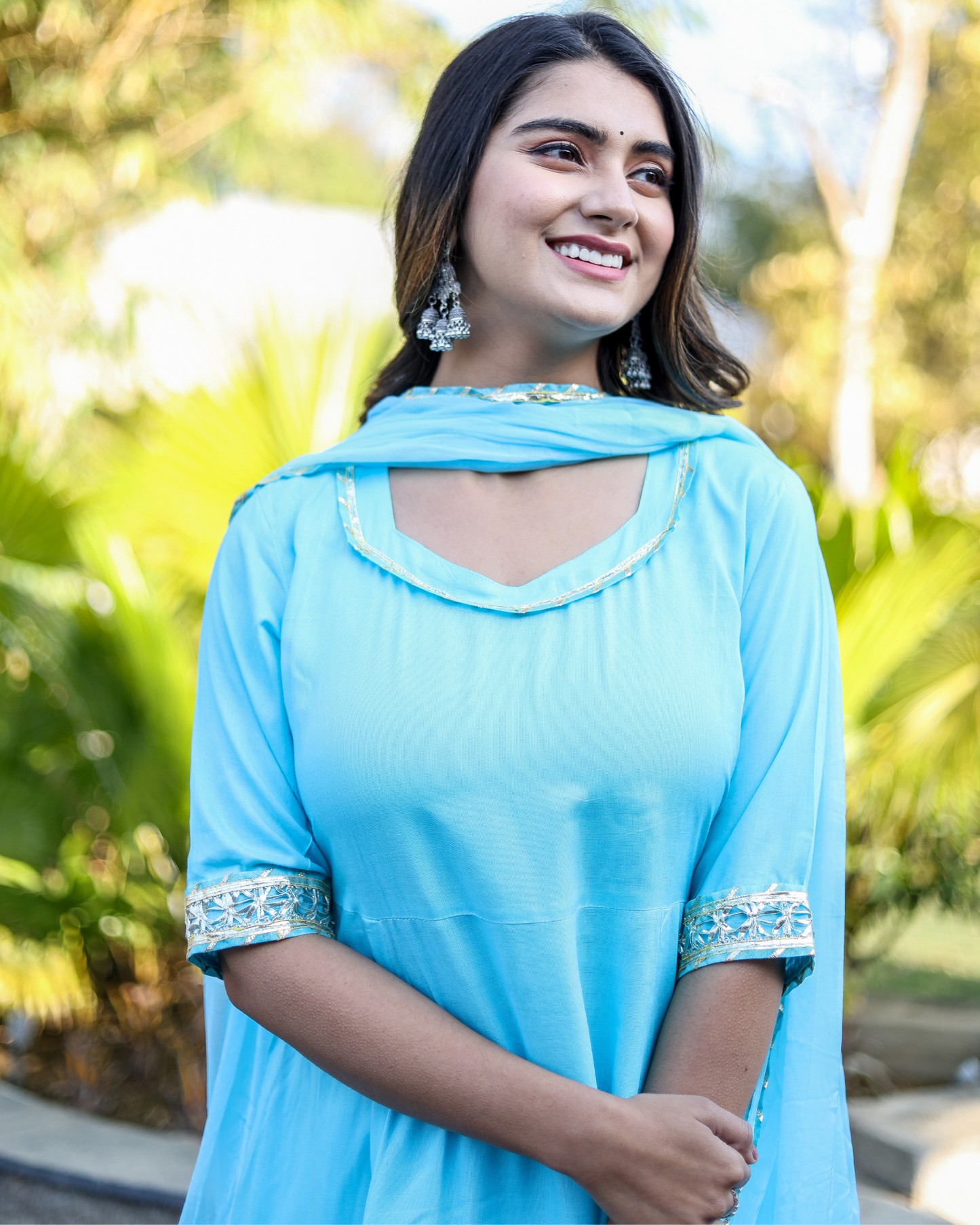 Sky Makdi Rayon Anarkali Kurti Set with Lace Work Pant & Dupatta