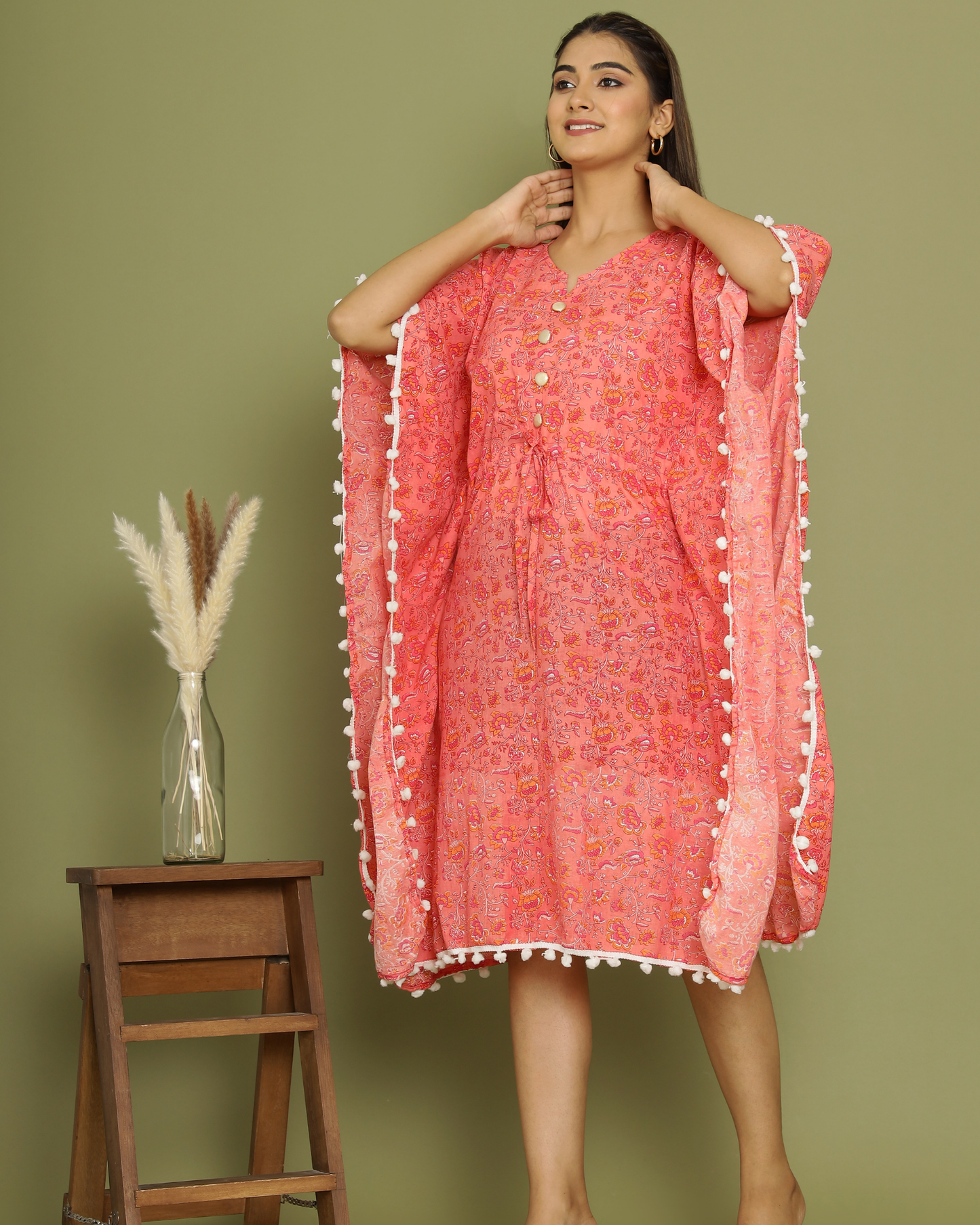 Pitch Kaftaan Cotton Printed Kaftaan with Pom Pom Lace Detailing