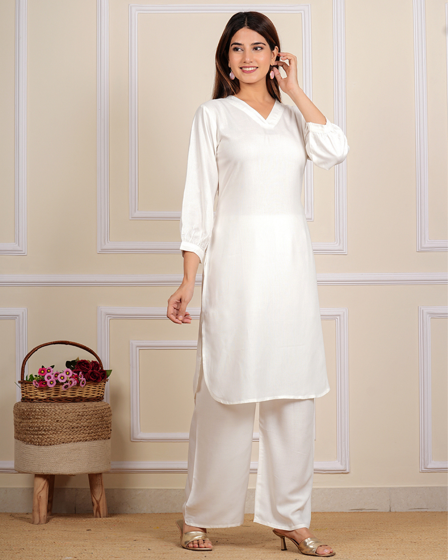 White Solid Rayon Calf-Length Kurti with Plazo Set for Women