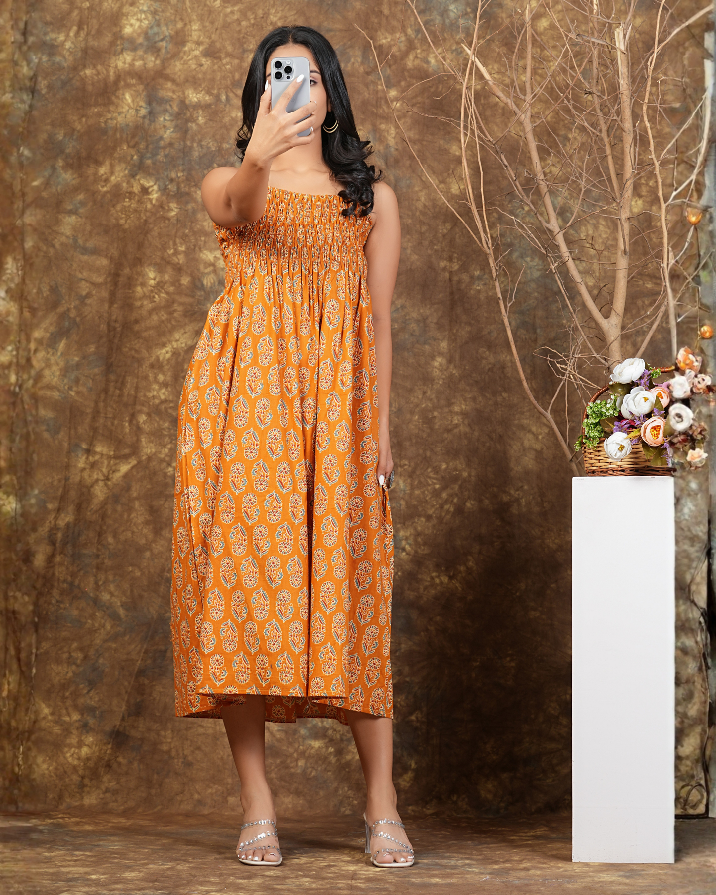 Comfortable Orange Cotton A Line Top with Butta Bobin Detailing