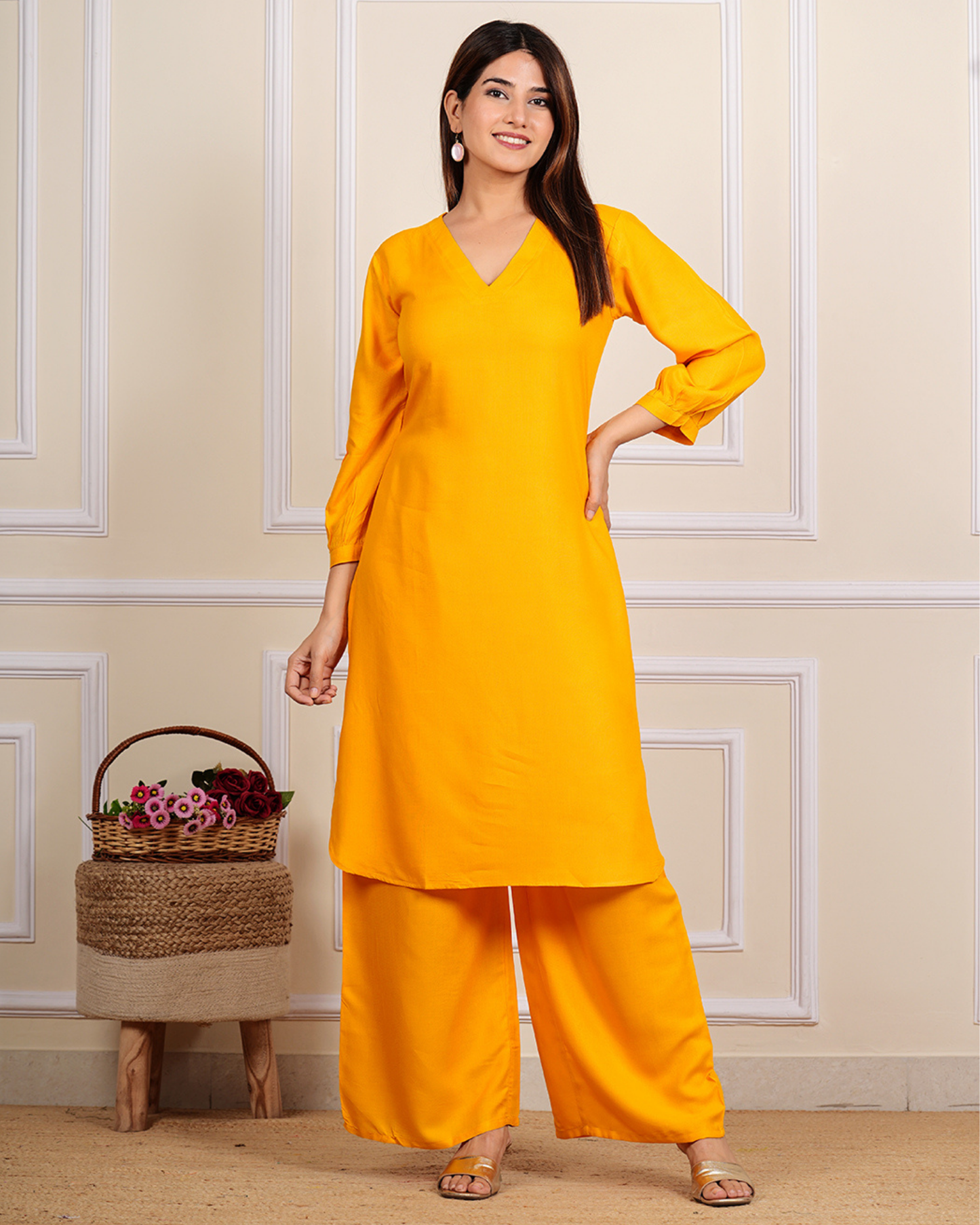 Mustard Solid Rayon Calf-Length Kurti with Plazo Set for Women
