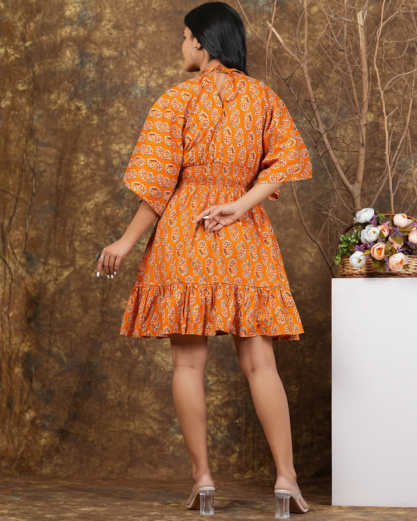 Mustard Butta Cotton Kaftaan in Orange Perfect For Festive Wear