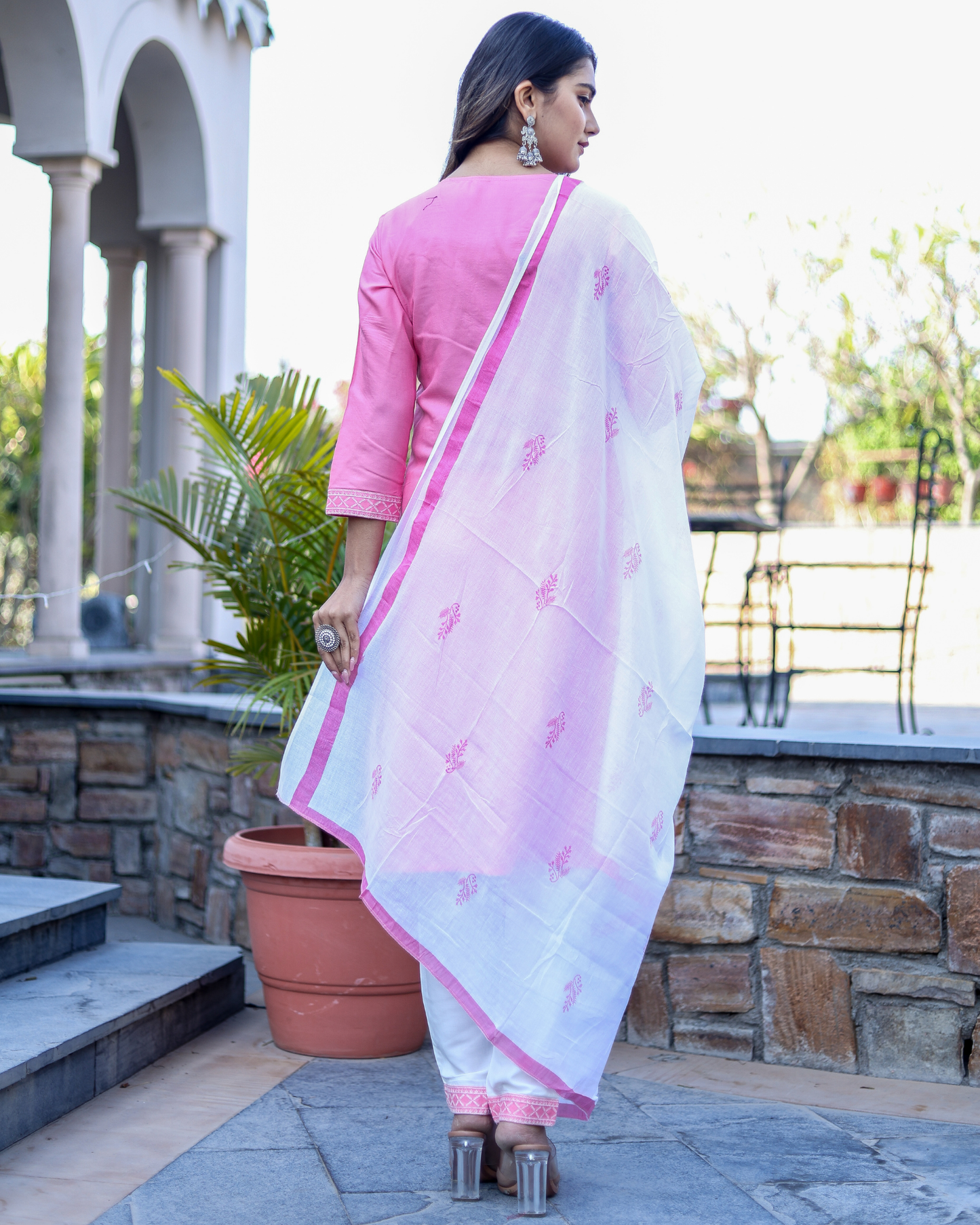 Pink Kery Rayon Embroidered Kurti Set with Pant & Dupatta
