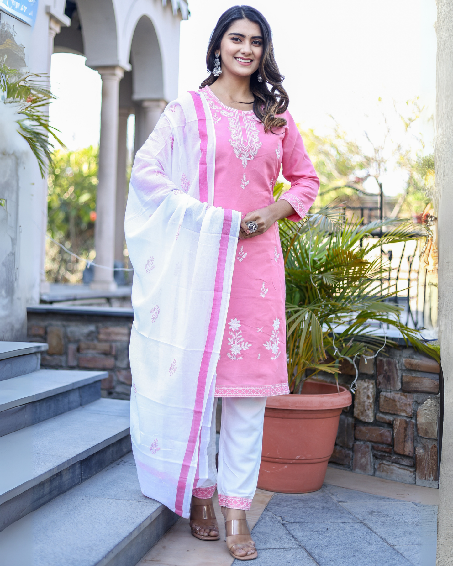 Pink Kery Rayon Embroidered Kurti Set with Pant & Dupatta