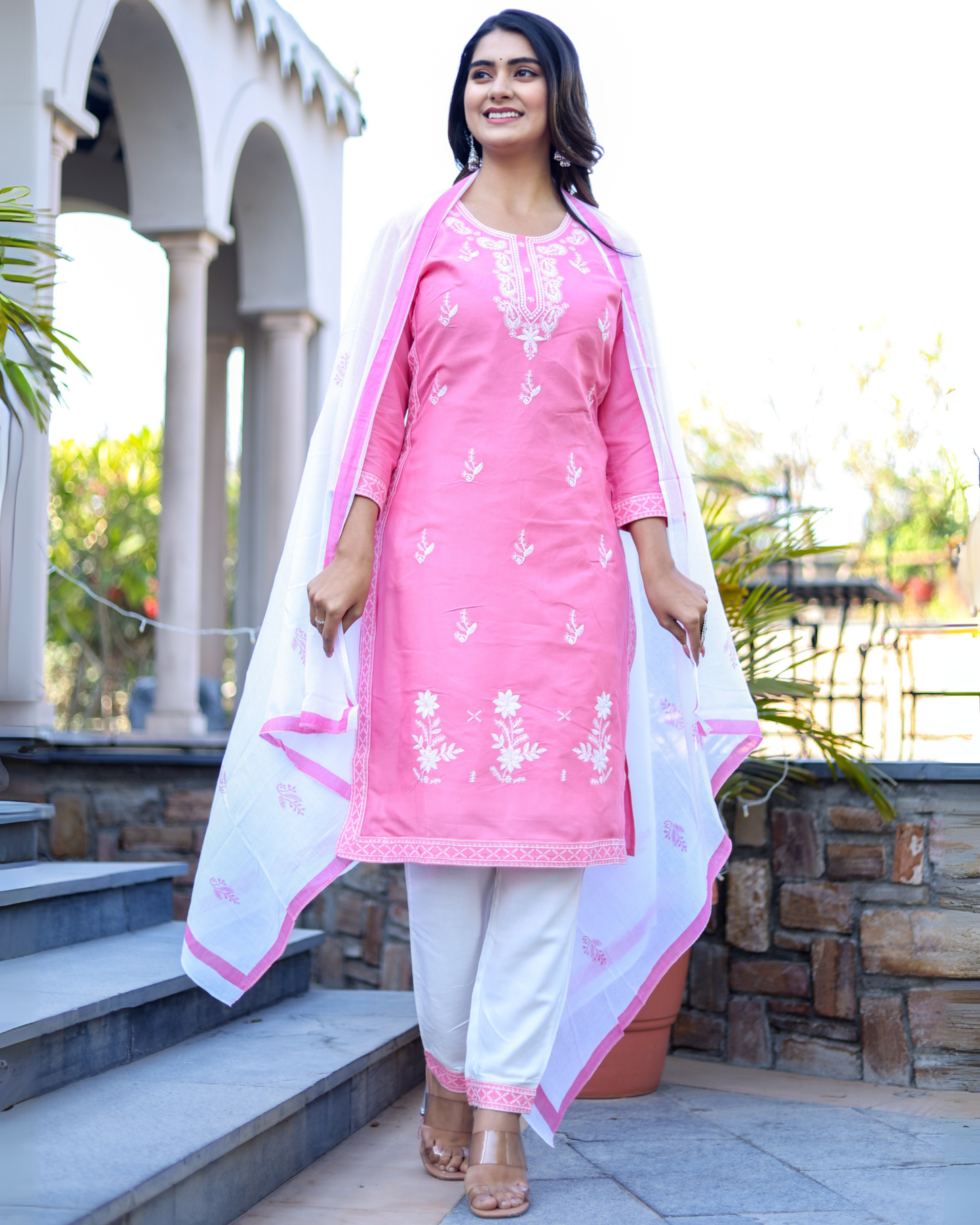 Pink Kery Rayon Embroidered Kurti Set with Pant & Dupatta