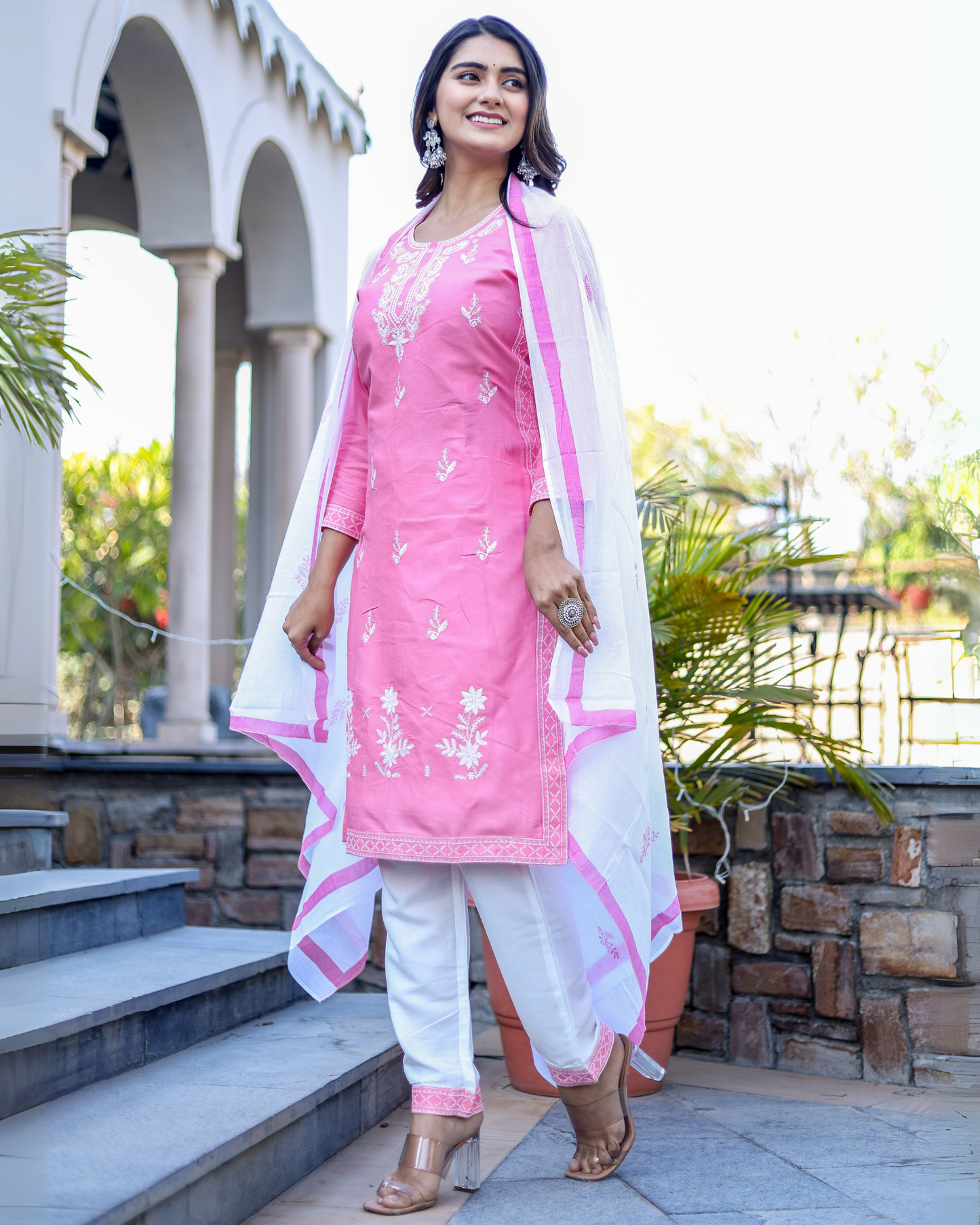 Pink Kery Rayon Embroidered Kurti Set with Pant & Dupatta