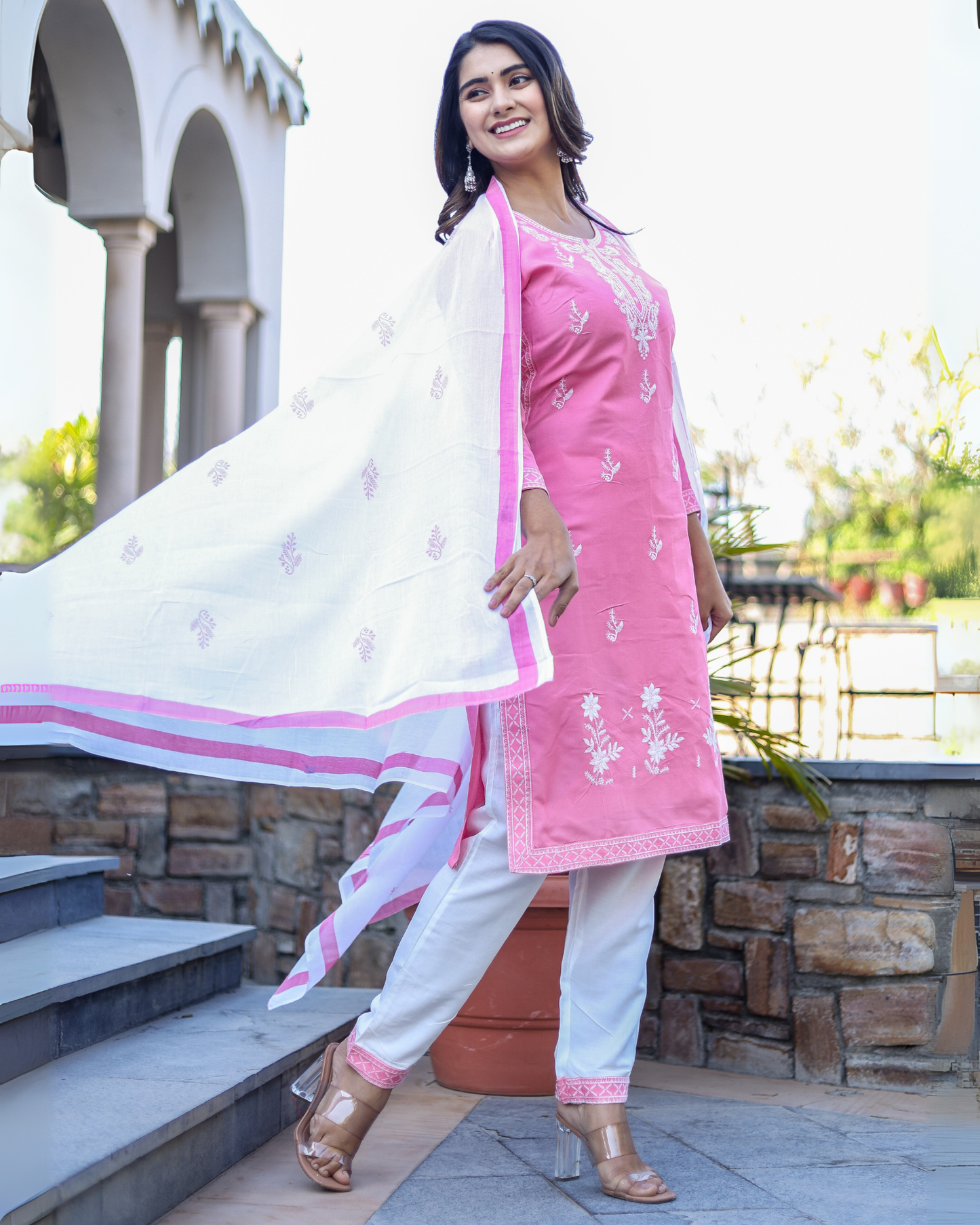 Pink Kery Rayon Embroidered Kurti Set with Pant & Dupatta