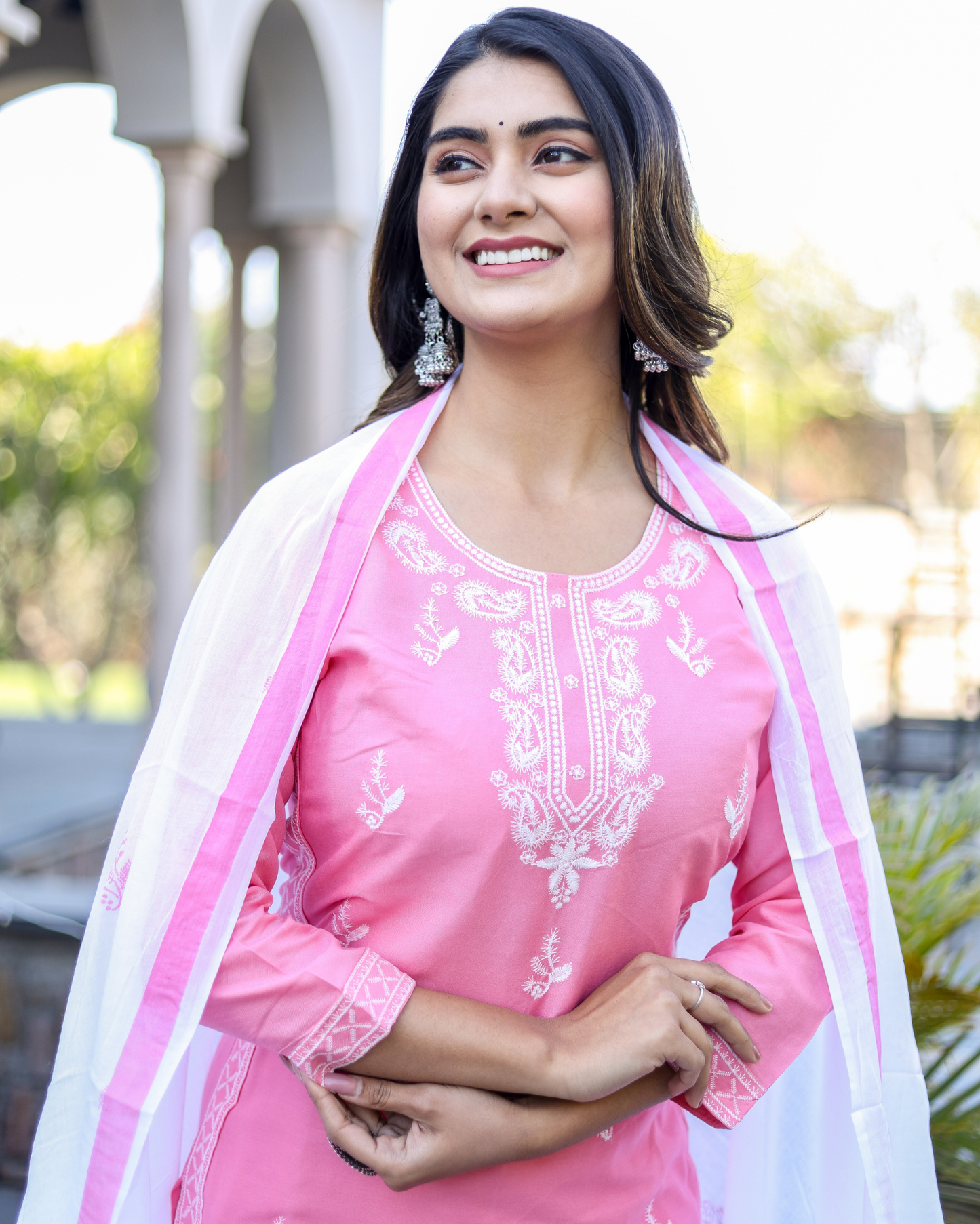 Pink Kery Rayon Embroidered Kurti Set with Pant & Dupatta