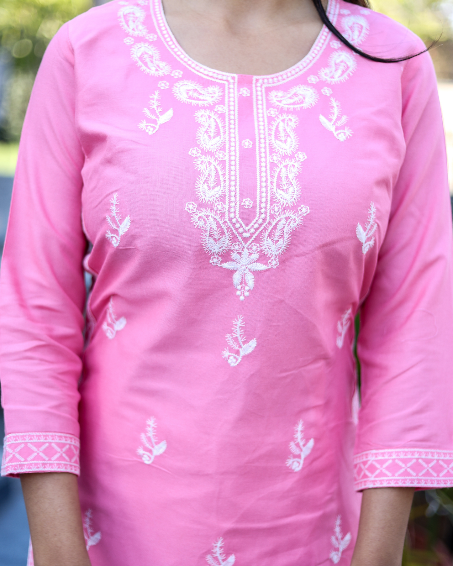 Pink Kery Rayon Embroidered Kurti Set with Pant & Dupatta