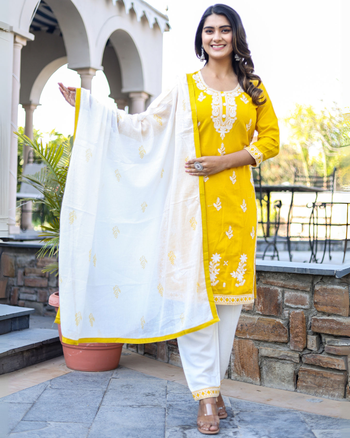 Mustard Kery Rayon Embroidered Kurti Set with Pant & Dupatta