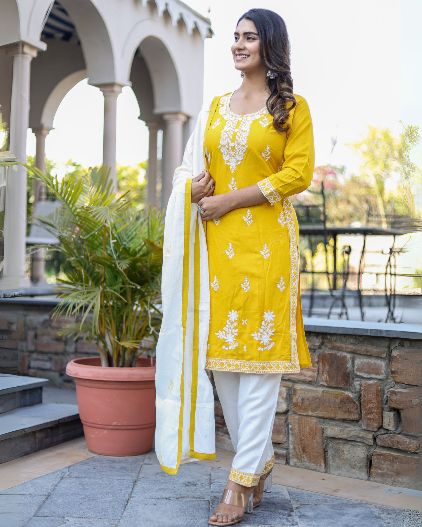 Mustard Kery Rayon Embroidered Kurti Set with Pant & Dupatta