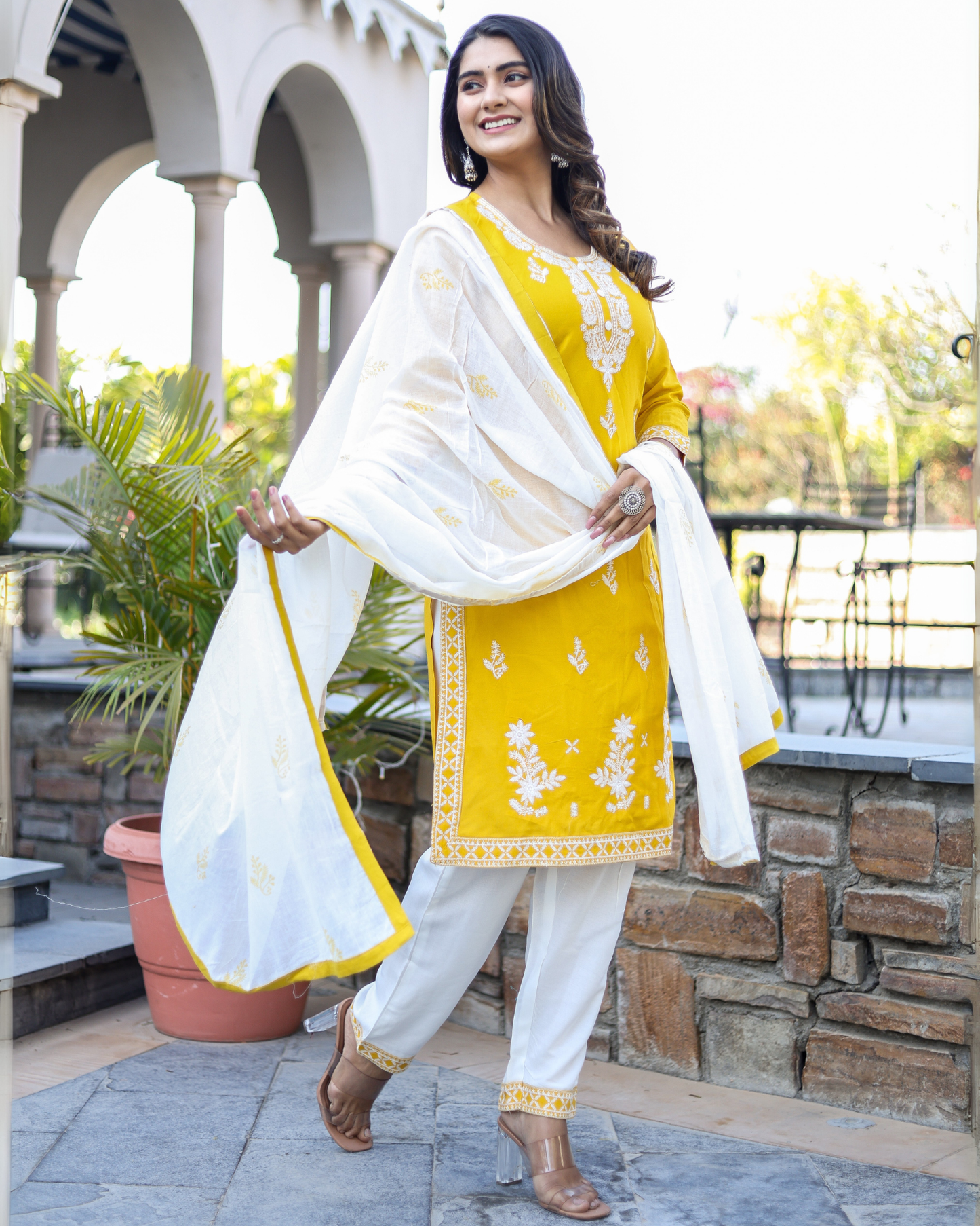 Mustard Kery Rayon Embroidered Kurti Set with Pant & Dupatta