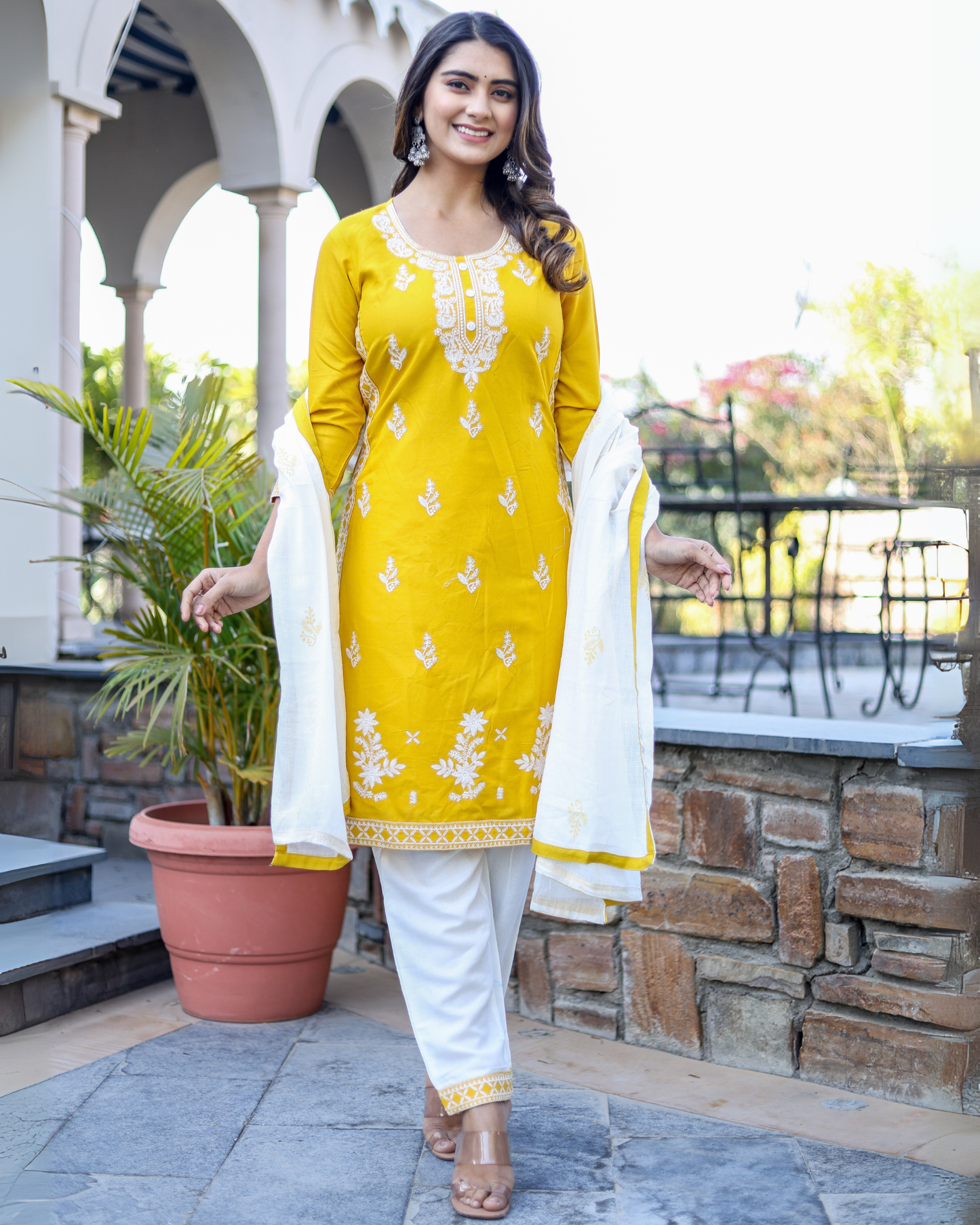 Mustard Kery Rayon Embroidered Kurti Set with Pant & Dupatta