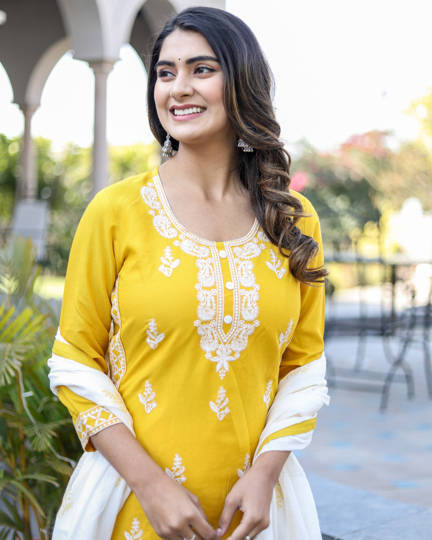 Mustard Kery Rayon Embroidered Kurti Set with Pant & Dupatta